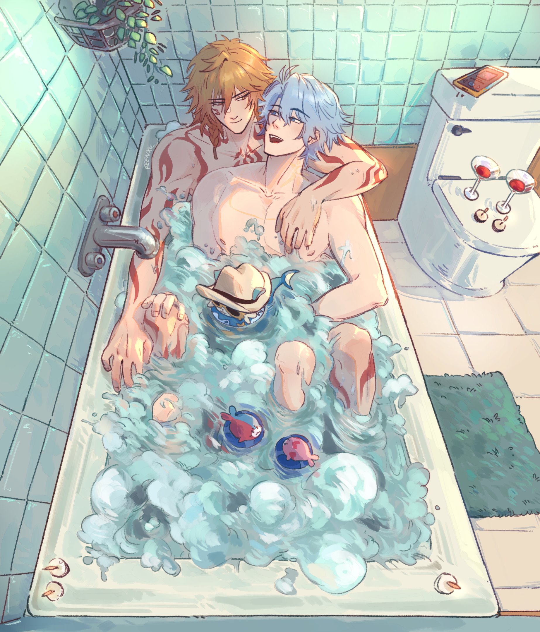 mydei (honkai: star rail), phainon (honkai: star rail), honkai: star rail, honkai (series), commentary, english commentary, highres, 2boys, antenna hair, arm tattoo, bathtub, blonde hair, blue eyes, blue hair, braid, candle, chest tattoo, cup, drinking glass, facial tattoo, feenxu, from above, gradient hair, hair between eyes, in bathtub, leg tattoo, male focus, medium hair, multicolored hair, multiple boys, nude, red hair, red tattoo, shared bathing, short hair, shoulder tattoo, side braid, smile, tattoo, toilet, wine glass, yaoi