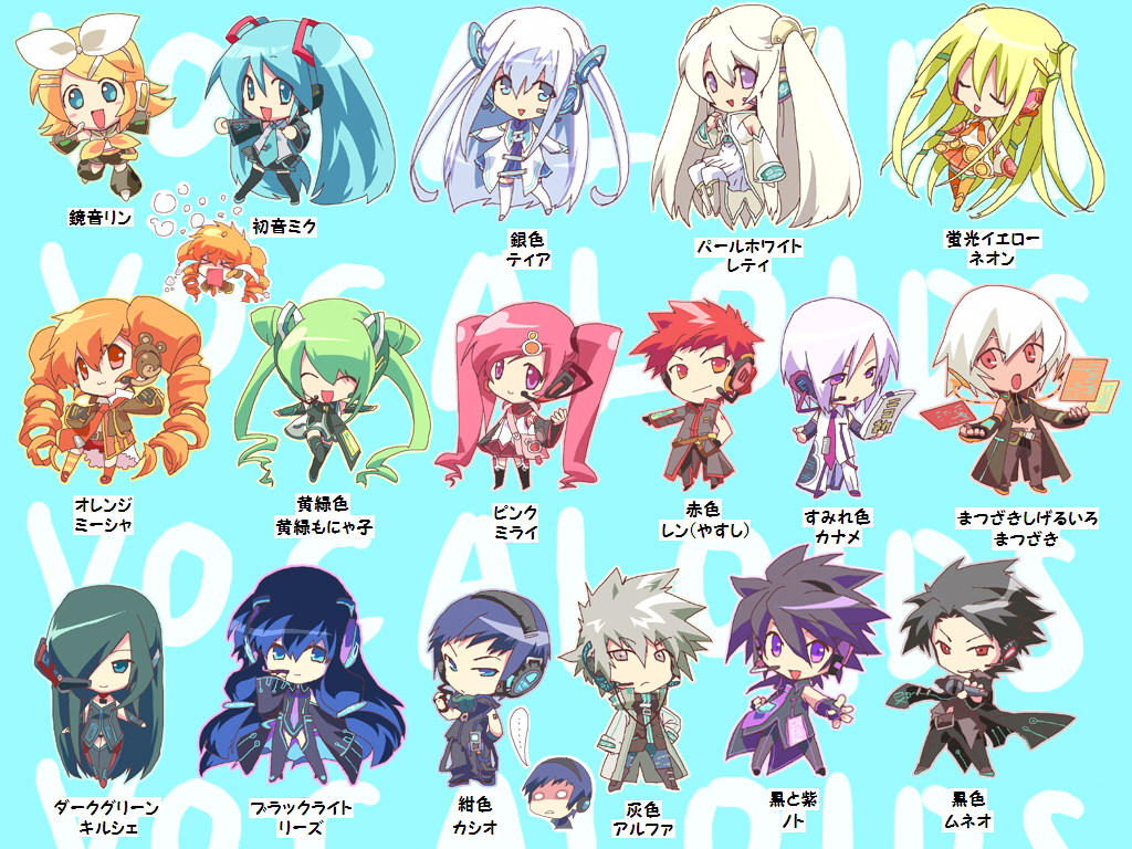 hatsune miku, kagamine rin, original, vocaloid, annotated, character request, check translation, 6+boys, 6+girls, chibi, drill hair, long hair, multiple boys, multiple girls, short hair, twintails