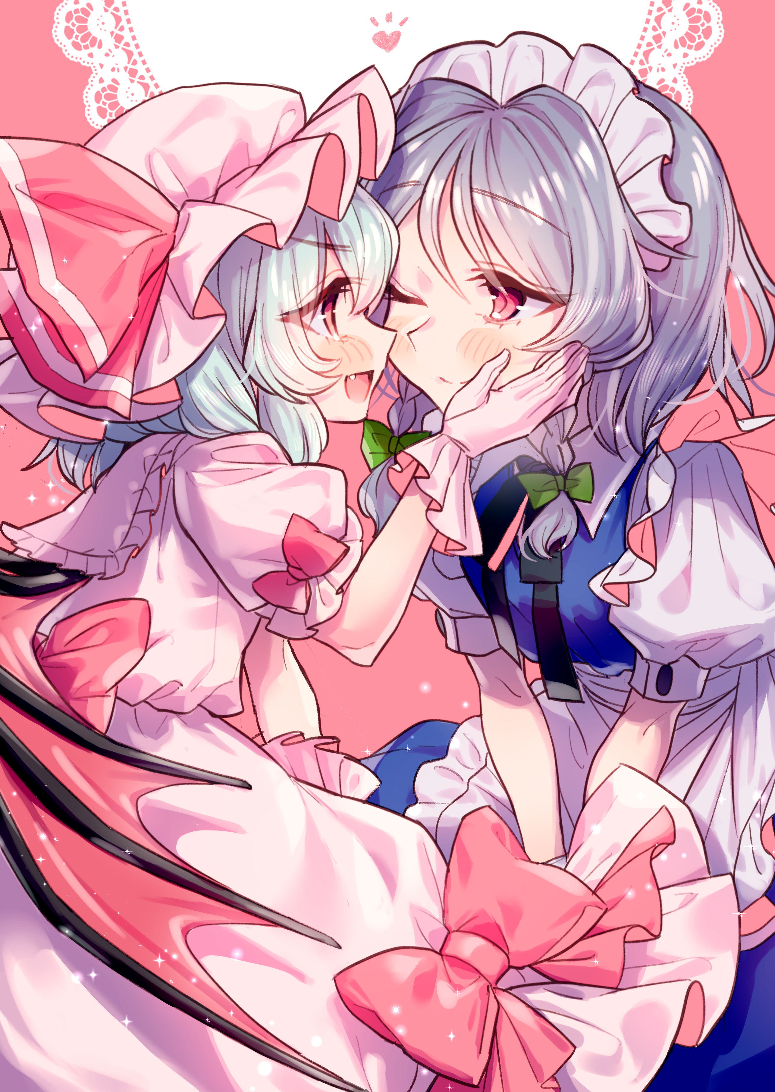 masanaga (tsukasa), izayoi sakuya, remilia scarlet, touhou, absurdres, commentary request, highres, 2girls, bat wings, blue hair, blush, fang, gloves, grey hair, hat, looking at another, maid, maid headdress, mob cap, multiple girls, one eye closed, open mouth, pink background, pink hat, puffy short sleeves, puffy sleeves, red eyes, short sleeves, white gloves, wings