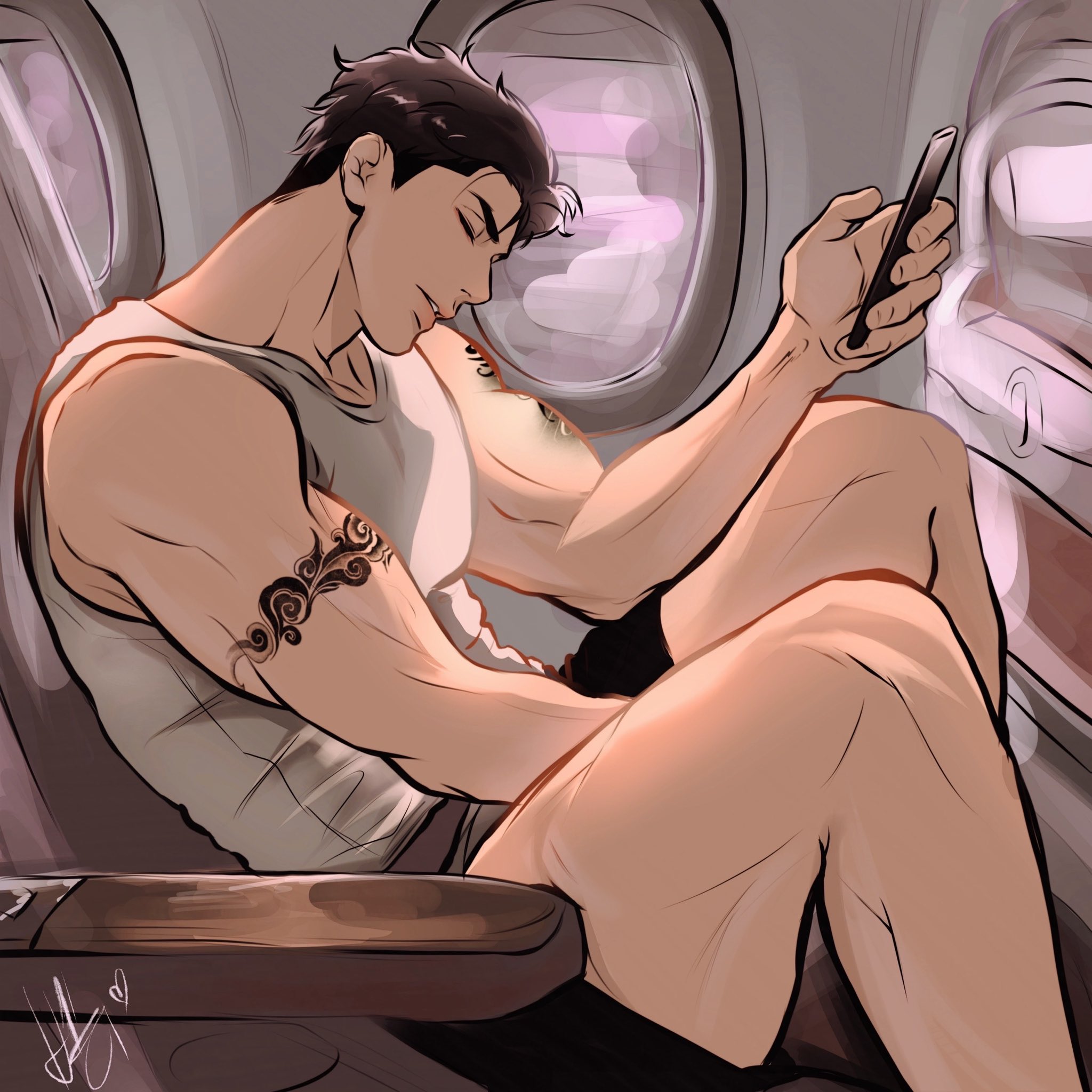 janggwa, joo jaekyung, jinx (manhwa), highres, 1boy, aircraft, airplane, airplane interior, arm tattoo, bara, biceps, black hair, black shorts, closed eyes, holding, holding phone, male focus, muscular, muscular male, phone, short hair, shorts, shoulder tattoo, signature, sitting, sleeveless, solo, tattoo, thighs