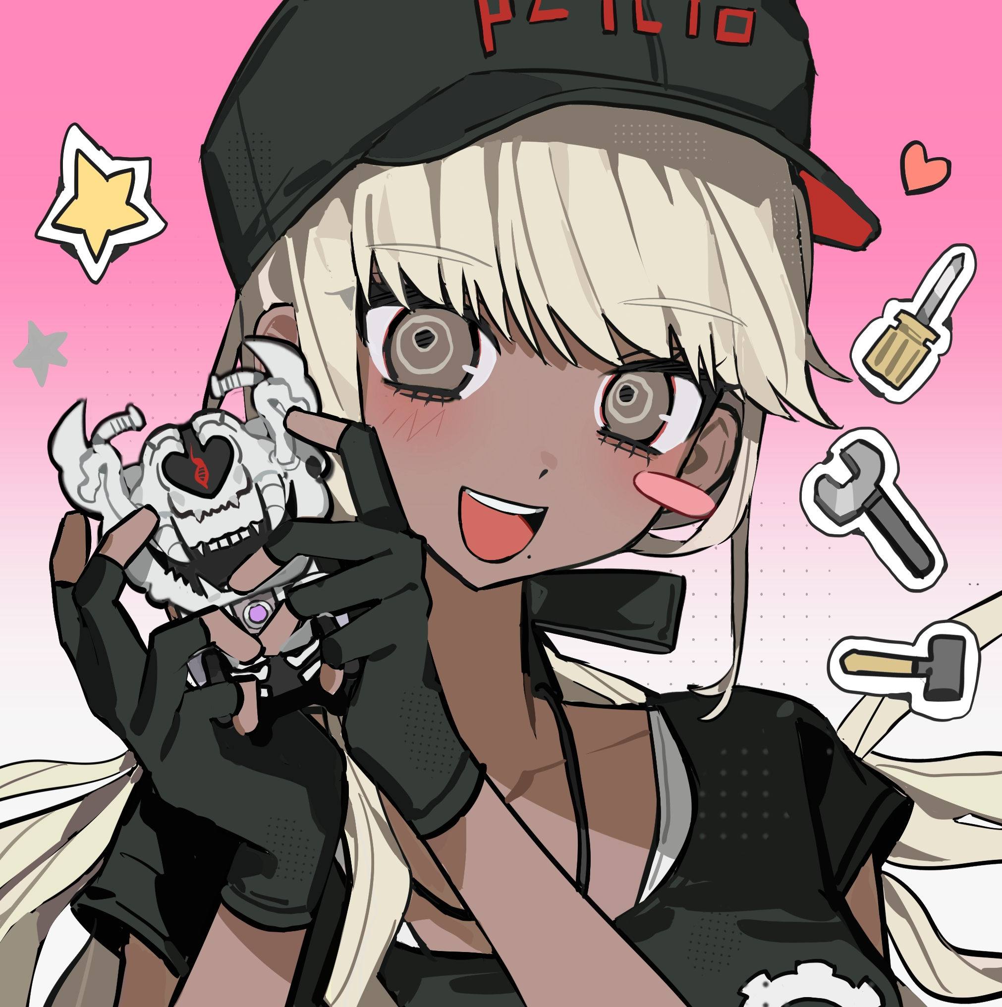 addamaque, kawana tsubasa, the hundred line -last defense academy-, artist request, commission, highres, second-party source, 1boy, 1girl, :d, baseball cap, black bow, black hat, black shirt, blonde hair, blush, blush stickers, bow, brown eyes, dark-skinned female, dark skin, fingerless gloves, gloves, hat, holding chibi, looking at viewer, mole, mole under mouth, open mouth, shirt, single blush sticker, smile