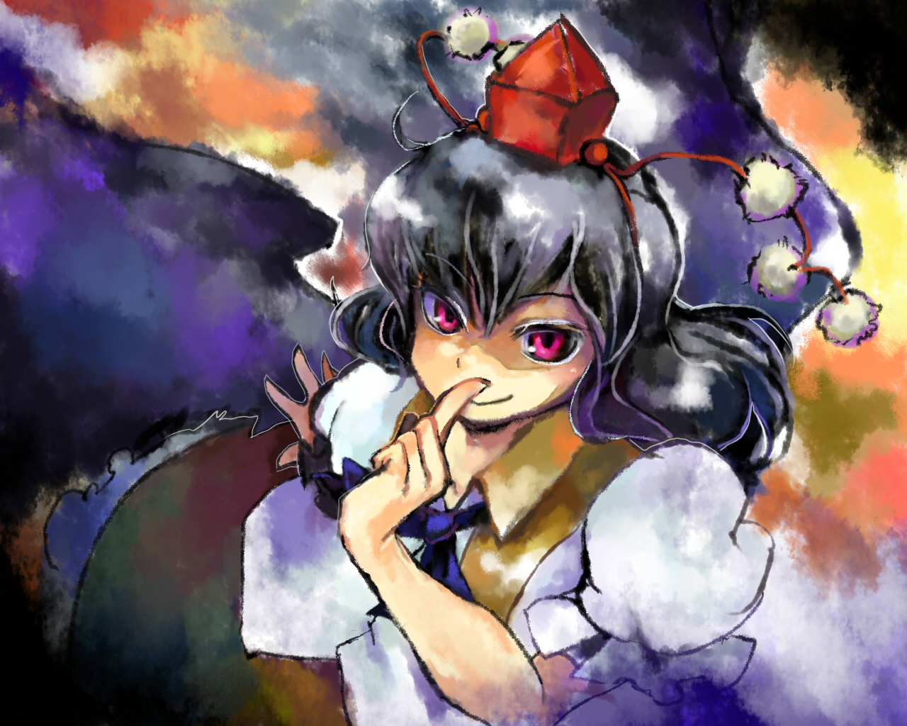 rotan, shameimaru aya, touhou, 1girl, black hair, colored eyelashes, eyelashes, female focus, finger to mouth, hat, short hair, shushing, smile, solo, tokin hat