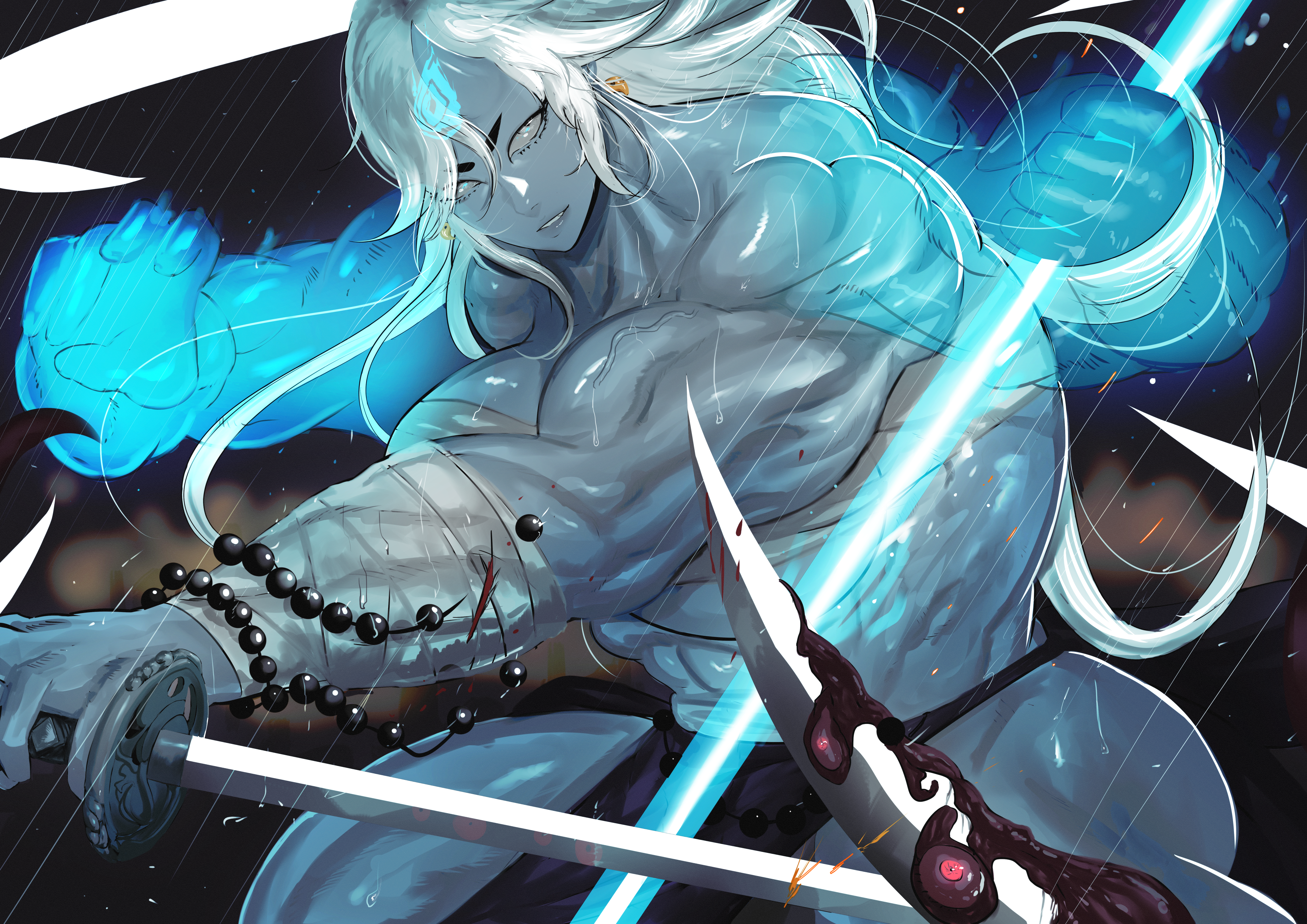 blue ogre, original, absurdres, highres, abs, arm wrap, bandages, battle, bead bracelet, beads, blood, blue fire, blue horns, blue oni, blue skin, bracelet, broad shoulders, casting spell, chest sarashi, cloud, colored skin, deltoids, energy, extra arms, fighting stance, fire, fujimura teruyo (blue ogre), glowing, holding, holding sword, holding weapon, horns, japanese clothes, jewelry, katana, magic, martial arts, muscular, muscular female, muscular male, night, night sky, obliques, oni, pelvic curtain, pyrokinesis, rain, sarashi, shredded muscles, sky, sword, tall female, triceps, unsheathed, v-taper, warrior, weapon, white eyes, white hair