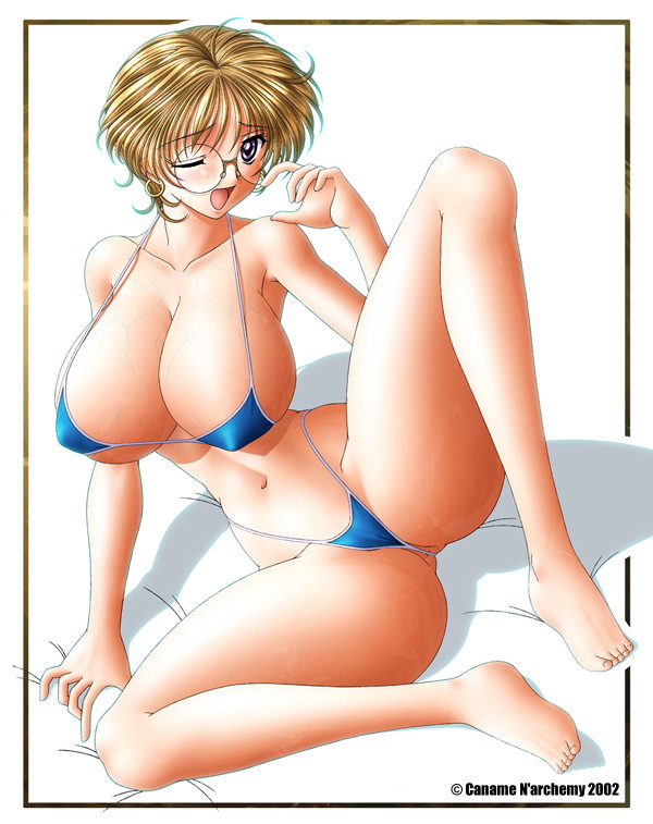 narukami kaname (flag quarters), original, 1girl, barefoot, bikini, blonde hair, breasts, female focus, glasses, huge breasts, purple eyes, solo, swimsuit