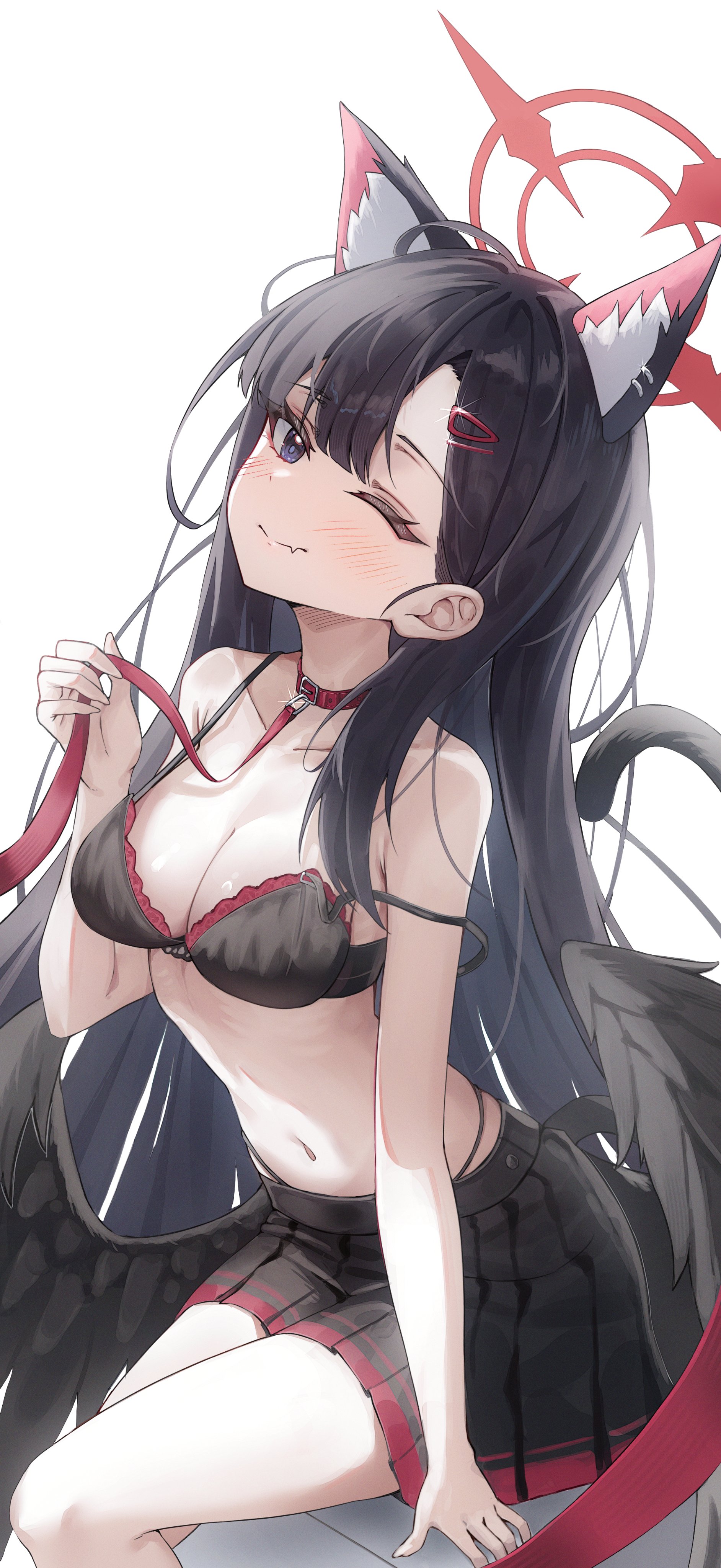 shj1998z, ichika (blue archive), blue archive, absurdres, highres, 1girl, animal ear fluff, animal ears, black bra, black eyes, black hair, black skirt, black wings, blush, bra, breasts, cat ears, cat tail, cleavage, closed mouth, collar, fang, fang out, feathered wings, hair ornament, hairclip, halo, kemonomimi mode, leash, long hair, looking at viewer, low wings, medium breasts, navel, one eye closed, pleated skirt, red collar, red halo, simple background, sitting, skirt, smile, solo, stomach, tail, underwear, white background, wings