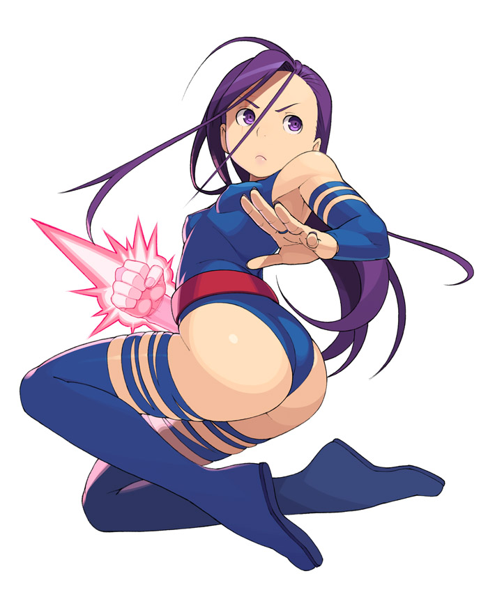 go robots, psylocke, marvel, x-men, 1girl, aged down, animification, ass, covered erect nipples, elbow gloves, female focus, flat chest, gloves, legs, leotard, long hair, purple eyes, purple hair, solo, thighhighs