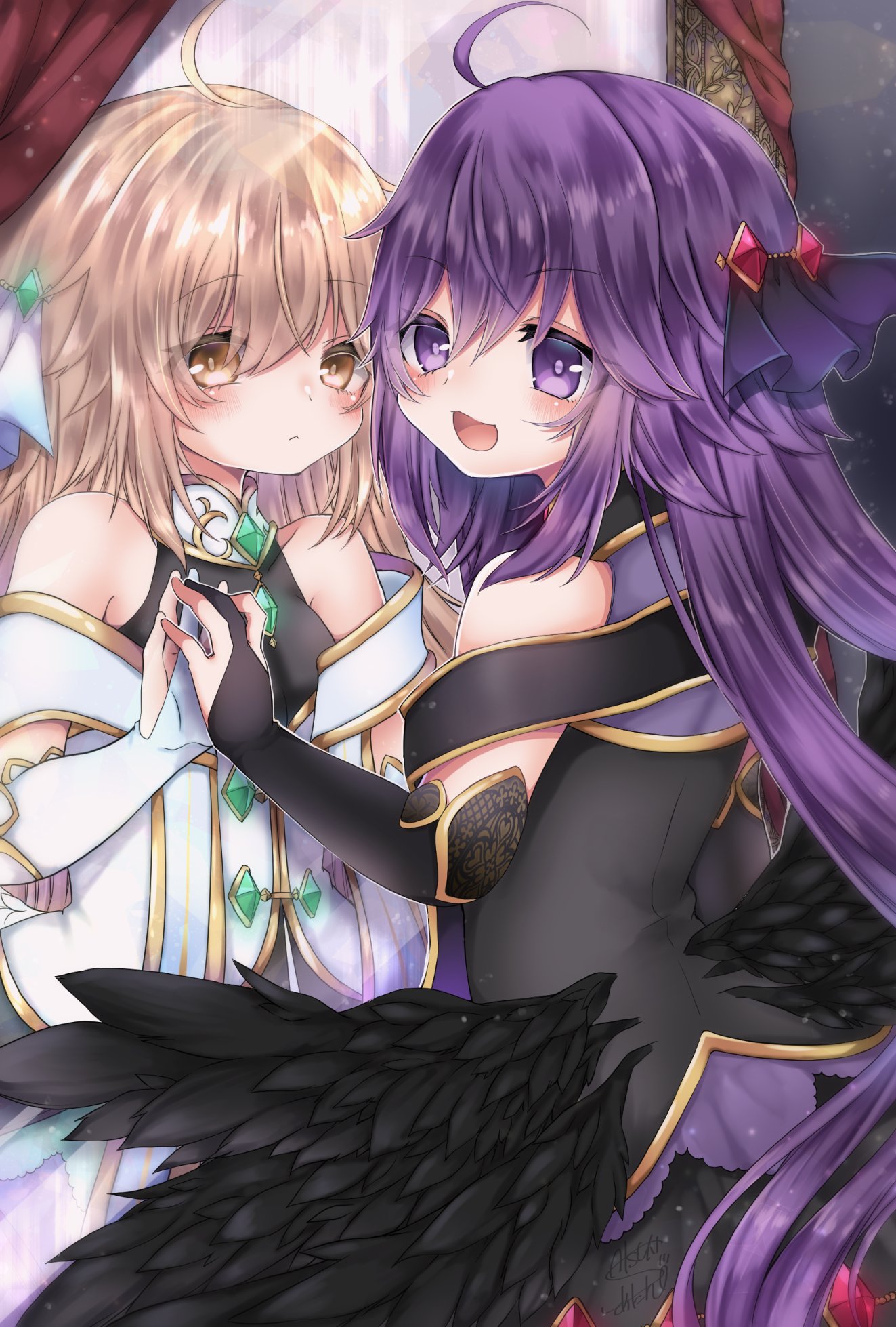 satsuki atan, emil chronicle online, highres, ahoge, bare shoulders, black gloves, black jacket, black shirt, black wings, blonde hair, brown eyes, dual persona, gloves, jacket, long hair, lucifer (eco), mirror, open mouth, purple eyes, purple hair, purple veil, shirt, sleeveless, sleeveless shirt, veil, white gloves, white jacket, white veil, wings