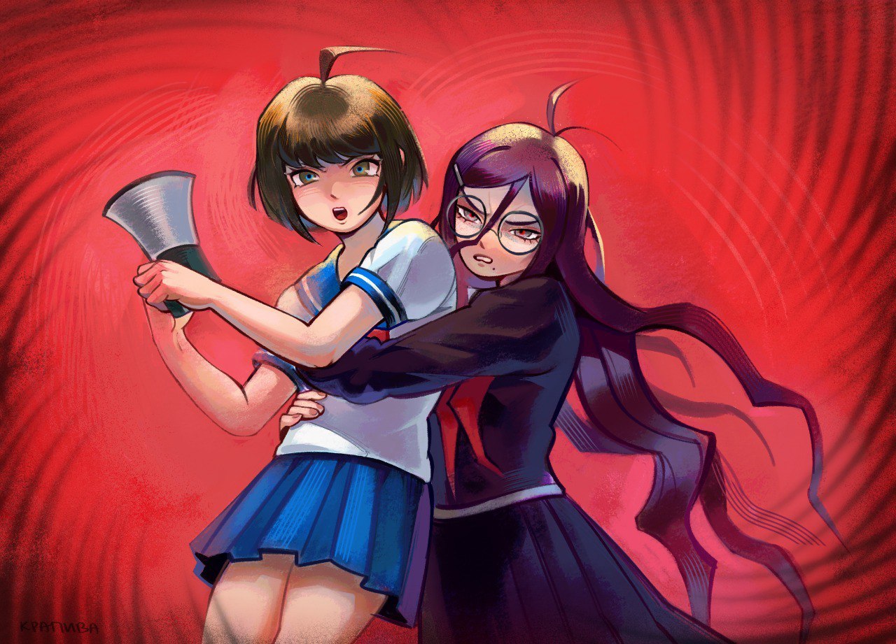 fukawa toko, naegi komaru, danganronpa (series), danganronpa another episode: ultra despair girls, commentary, english commentary, 2girls, ahoge, antenna hair, black serafuku, black shirt, black skirt, blue sailor collar, blue skirt, collared shirt, eyelashes, glasses, green eyes, green hair, hair between eyes, hair ornament, hairclip, holding, holding megaphone, hug, hug from behind, kpiva, long hair, long skirt, long sleeves, megaphone, mole, mole under mouth, multiple girls, neckerchief, open mouth, purple hair, red background, red neckerchief, round eyewear, sailor collar, school uniform, serafuku, shirt, short hair, short sleeves, skirt, skirt set, teeth, upper teeth only, very long hair, white shirt