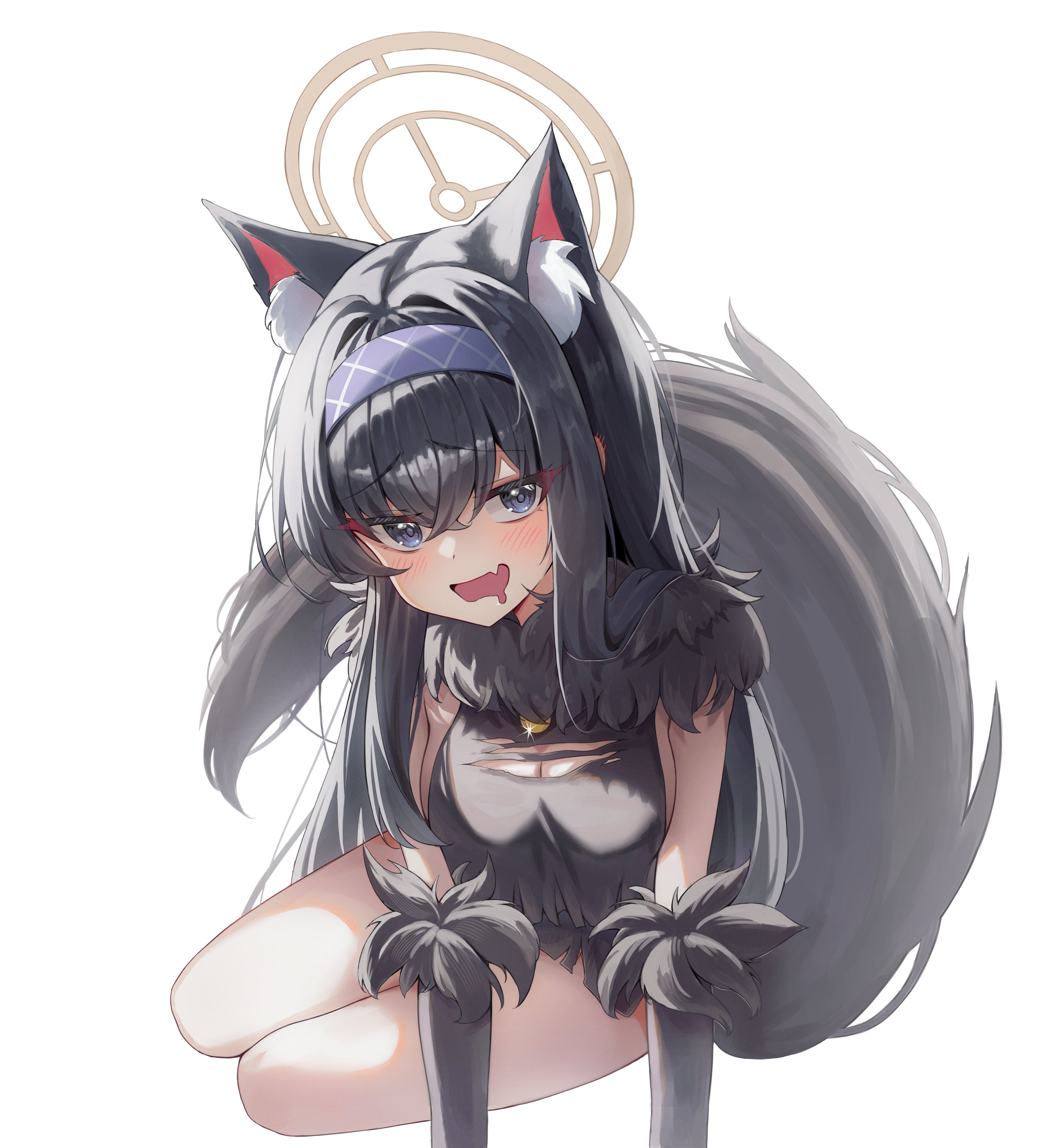 shj1998z, ui (blue archive), blue archive, absurdres, highres, 1girl, animal ear fluff, animal ears, bags under eyes, black hair, blue hairband, blush, breasts, cleavage, cosplay, drooling, elbow gloves, fang, gloves, hair between eyes, hairband, halloween costume, halo, kemonomimi mode, long hair, looking at viewer, medium breasts, open mouth, purple hairband, simple background, sitting, skin fang, solo, tail, torn clothes, white background, wolf ears, wolf tail, yellow halo
