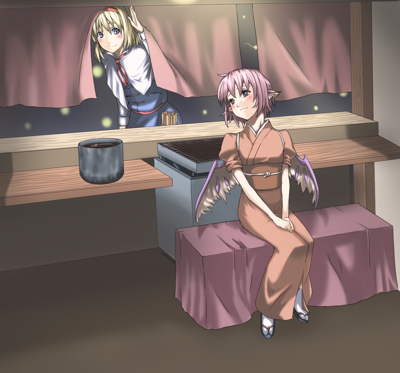 haruichi (komikal), alice margatroid, mystia lorelei, okamisty, touhou, highres, 2girls, animal ears, blonde hair, blue eyes, blush, female focus, food stand, grill, head wings, japanese clothes, multiple girls, no headwear, noren, pink hair, sandals, short hair, sitting, smile, tasuki, v arms, wings, yatai, zouri
