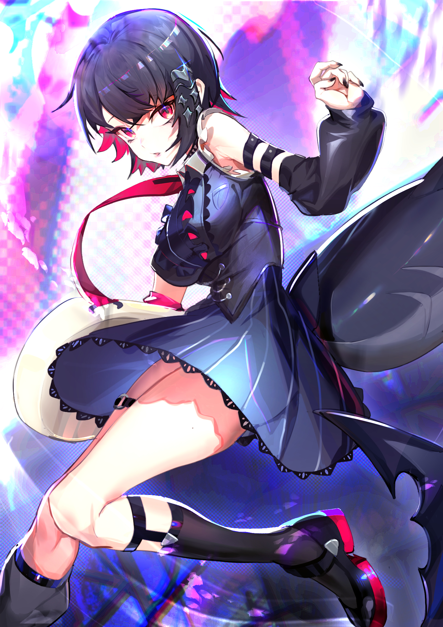 harry80779192, ellen joe, zenless zone zero, highres, 1girl, armband, bare shoulders, black armband, black hair, black nails, black shirt, black shoes, black socks, blue background, blue skirt, breasts, collar, colored inner hair, detached sleeves, fins, fish tail, from side, holding, looking at viewer, multicolored hair, open mouth, purple background, razor blade hair ornament, scar, scar on tail, shark girl, shark tail, shirt, shoes, short hair, skirt, sleeveless, sleeveless shirt, socks, solo, spiked collar, spikes, standing, standing on one leg, tail, thigh strap