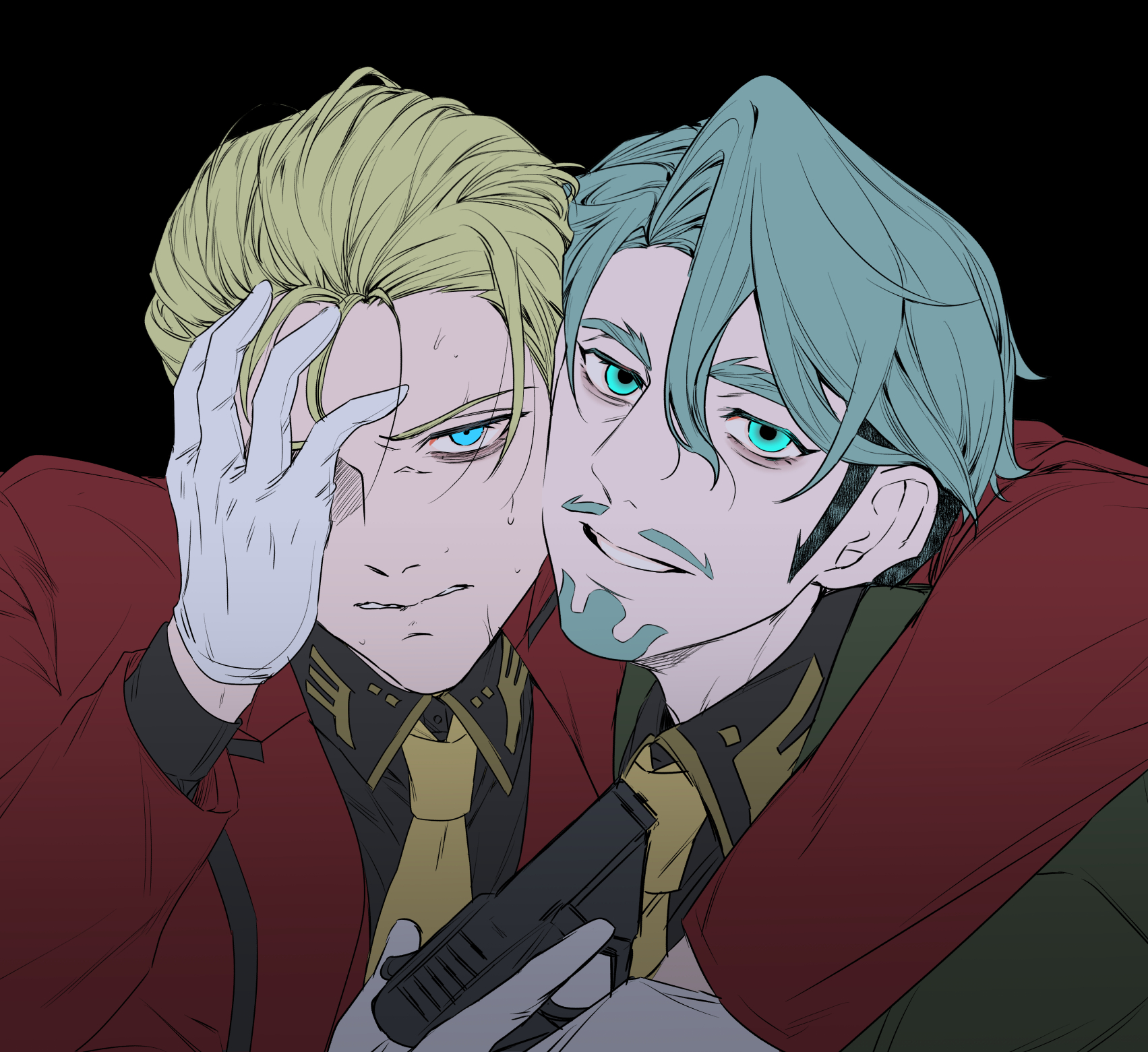 pnkripl, challia bull, char aznable, gundam, gundam gquuuuuux, highres, 2boys, arm around neck, beard, black background, blonde hair, blue eyes, clenched teeth, collared shirt, facial hair, gloves, green eyes, green hair, gun, hand on own face, handgun, holding, holding gun, holding weapon, jacket, long sleeves, looking at viewer, male focus, military uniform, multiple boys, mustache, necktie, open mouth, shirt, short hair, simple background, smile, sweat, teeth, weapon