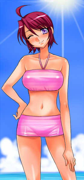 tooru jin, lunamaria hawke, gundam, gundam seed, gundam seed destiny, 00s, 1girl, ahoge, bikini, day, female focus, navel, one eye closed, pink bikini, purple eyes, red hair, short hair, smile, solo, swimsuit, water, wink