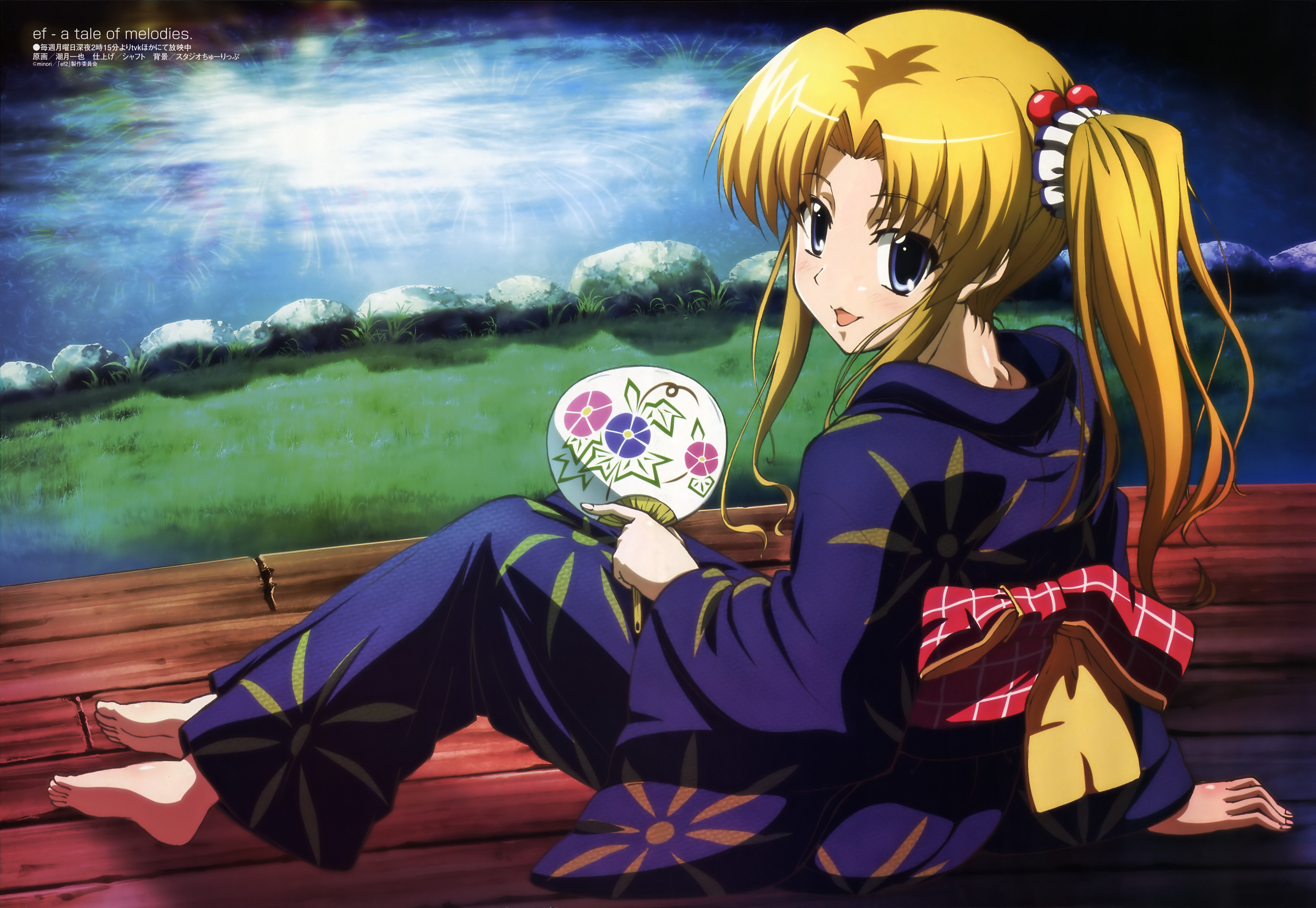 chuugetsu kazunari, shiotsuki kazuya, hayama mizuki, ef (visual novel), megami magazine, absurdres, highres, non-web source, 00s, 1girl, barefoot, blonde hair, blue eyes, blue kimono, copyright name, feet, female focus, full body, hand fan, holding, holding fan, japanese clothes, kimono, long hair, outdoors, paper fan, parted bangs, reflection, sitting, soles, solo, toes, twintails, uchiwa, yukata