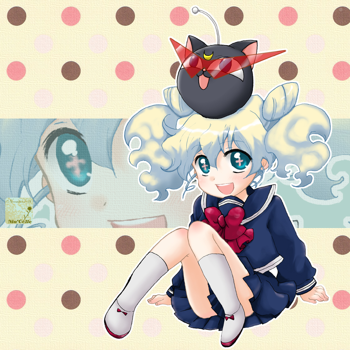 hazuki (pacco), chibi usa, luna-p, nia teppelin, bishoujo senshi sailor moon, bishoujo senshi sailor moon r, tengen toppa gurren lagann, bad id, bad pixiv id, 1girl, blue sailor collar, chibi usa (cosplay), child, cone hair bun, cosplay, double bun, female focus, hair bun, kamina shades, nia colle, sailor collar, school uniform, socks, solo, triangular eyewear, twintails