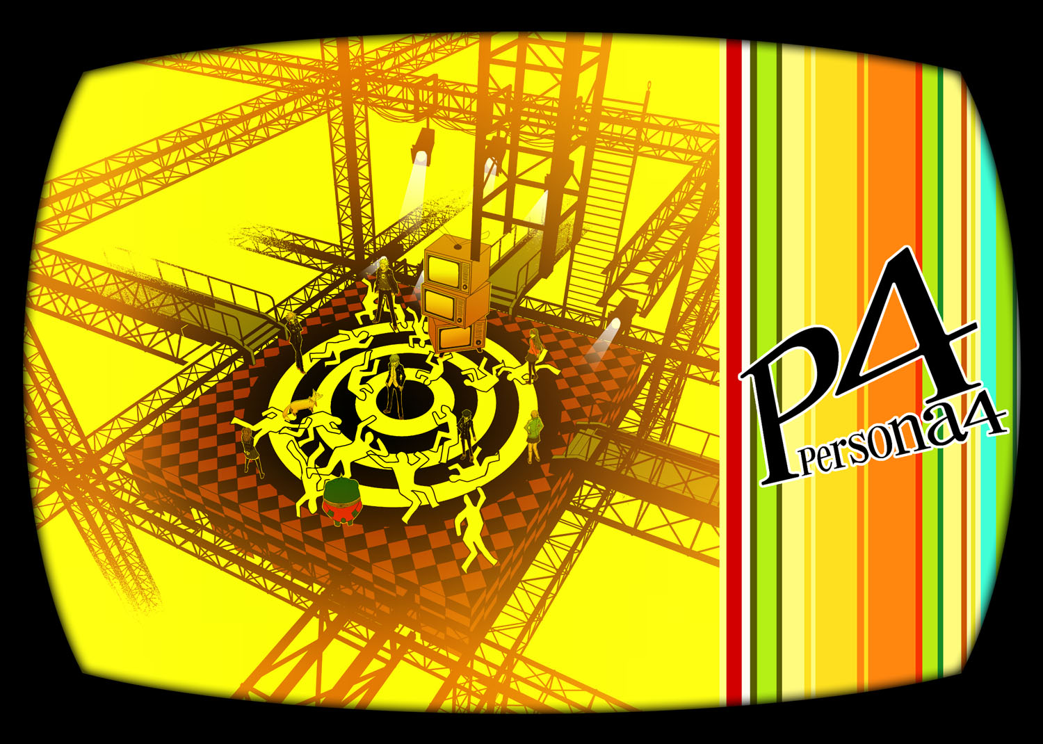 sami (object dump), amagi yukiko, hanamura yousuke, kujikawa rise, kuma (persona 4), narukami yu, satonaka chie, shirogane naoto, tatsumi kanji, atlus, persona, persona 4, 3girls, 4boys, copyright name, costume, everyone, fog, from above, full body, gakuran, jacket, long hair, long sleeves, multiple boys, multiple girls, pantyhose, school uniform, stage, track jacket