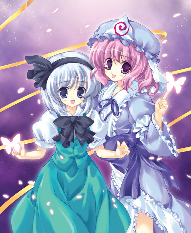 katsu hisato, katsu kazuto, konpaku youmu, saigyouji yuyuko, touhou, silver hair, bad id, bad pixiv id, 2girls, :d, black bow, black bowtie, blush, bow, bowtie, bug, butterfly, dress, dutch angle, female focus, frills, green dress, hat, insect, looking at viewer, mob cap, multiple girls, open mouth, pink eyes, pink hair, puffy short sleeves, puffy sleeves, short sleeves, smile, sparkle, standing, tareme, triangular headpiece