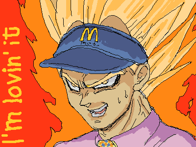 majin vegeta, vegeta, dragon ball, dragonball z, mcdonald's, lowres, 1boy, aura, clothes writing, english text, male focus, oekaki, parody, portrait, solo, spiked hair, super saiyan, super saiyan 2, what