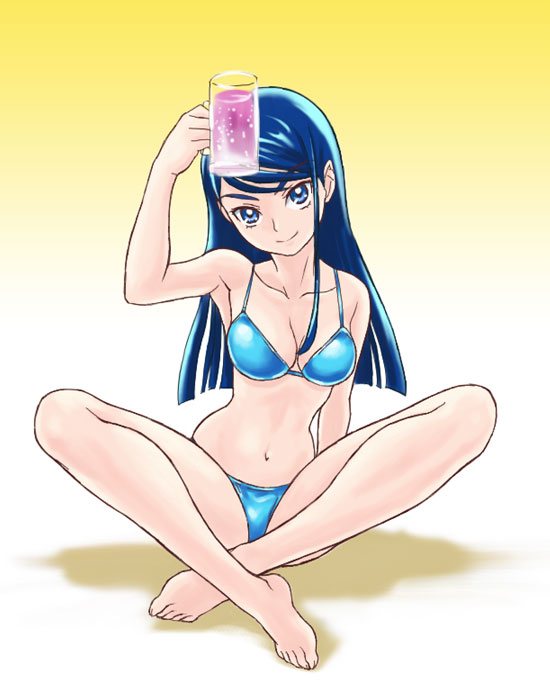 genshoku hajime, hajime (caramel toone), minazuki karen, precure, yes! precure 5, 00s, barefoot, bikini, blue eyes, blue hair, crossed legs, cup, feet, indian style, long hair, mug, sitting, solo, swimsuit