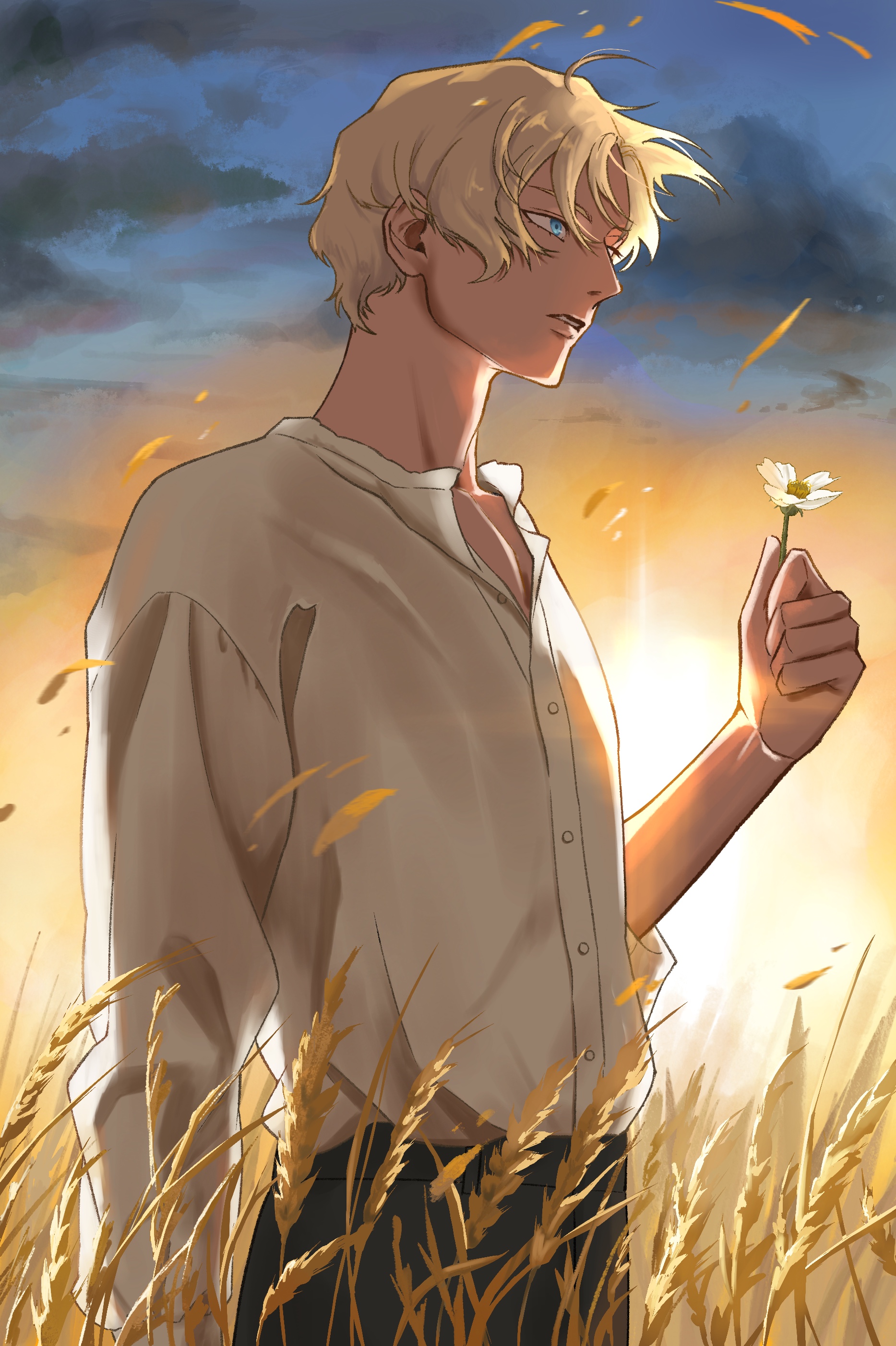 basic learning, char aznable, gundam, gundam gquuuuuux, absurdres, highres, 1boy, blonde hair, blue eyes, blue sky, cloud, day, flower, gradient sky, holding, holding flower, male focus, orange sky, outdoors, parted lips, profile, shirt, short hair, sky, solo, sunrise, upper body, wheat field, white flower, white shirt