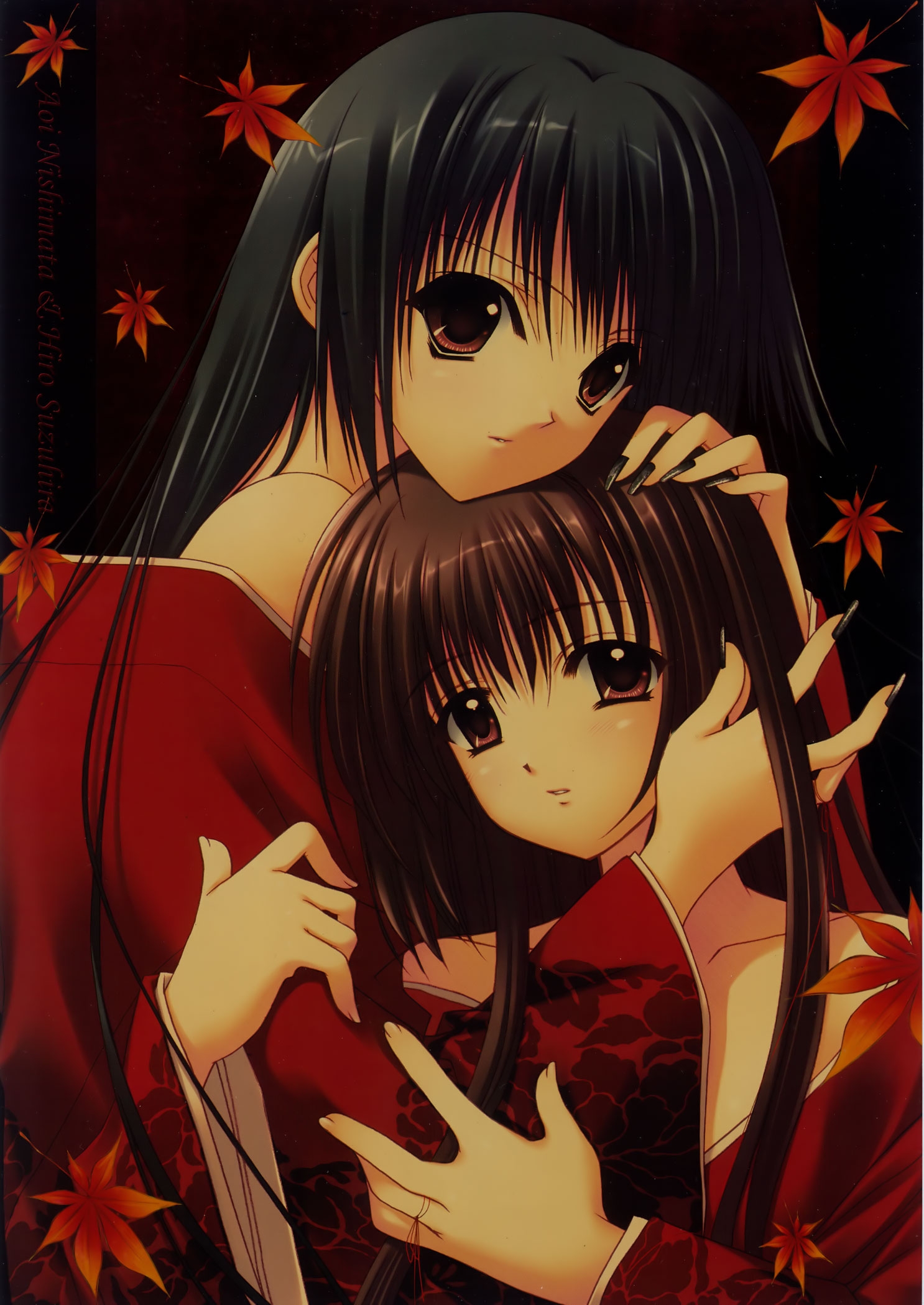 nishimata aoi, suzuhira hiro, highres, black hair, brown eyes, brown hair, fingernails, hand on another's head, japanese clothes, leaf, long fingernails, long hair