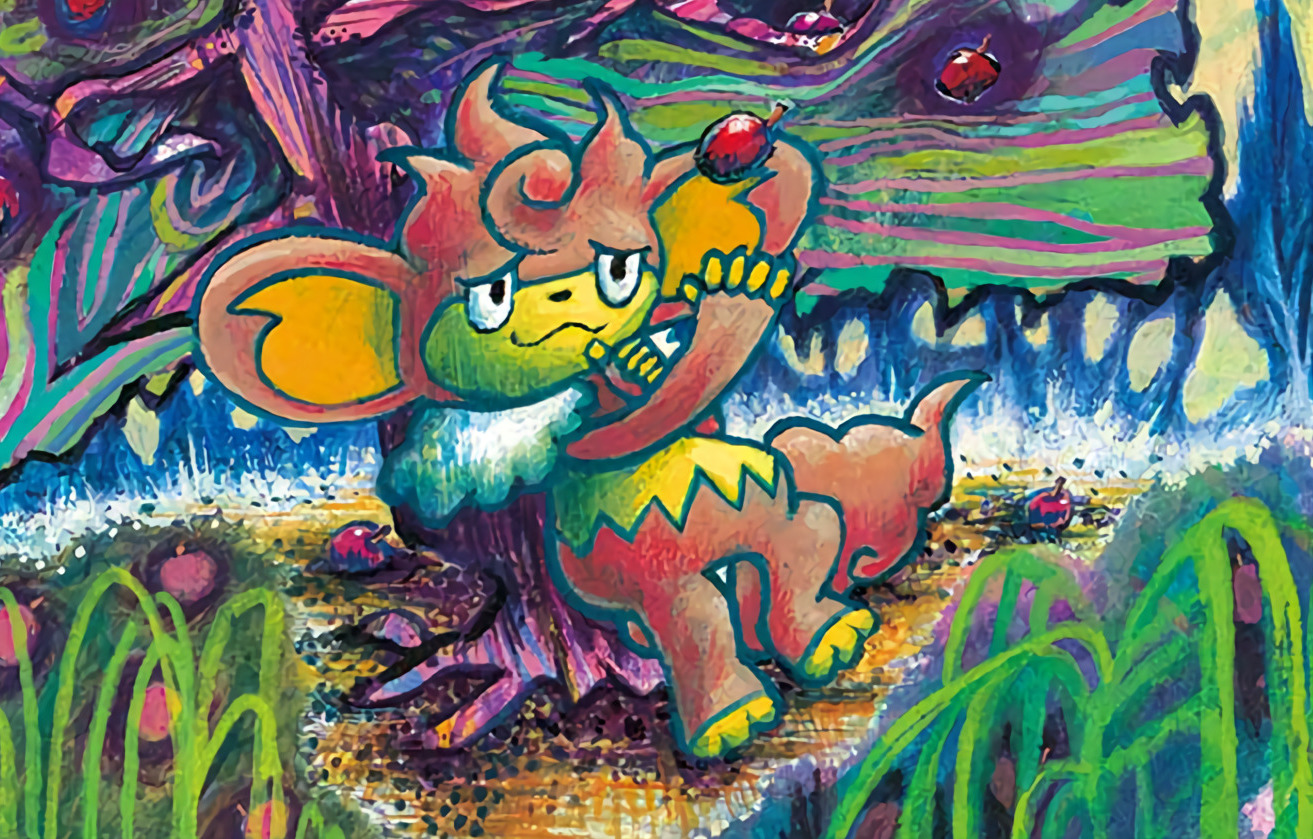 komiya tomokazu, simisear, nintendo, pokemon, pokemon tcg, commentary, official art, third-party source, against tree, apple, closed mouth, food, fruit, full body, gen 5 pokemon, grass, no humans, outdoors, pokemon (creature), pokemon focus, smile, solo, tree