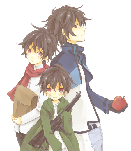 anko (pixiv293078), setsuna f. seiei, gundam, gundam 00, bad id, bad pixiv id, 00s, 3boys, aged down, apple, food, fruit, gun, holding, holding food, holding fruit, male focus, multiple boys, multiple persona, scarf, time paradox, weapon