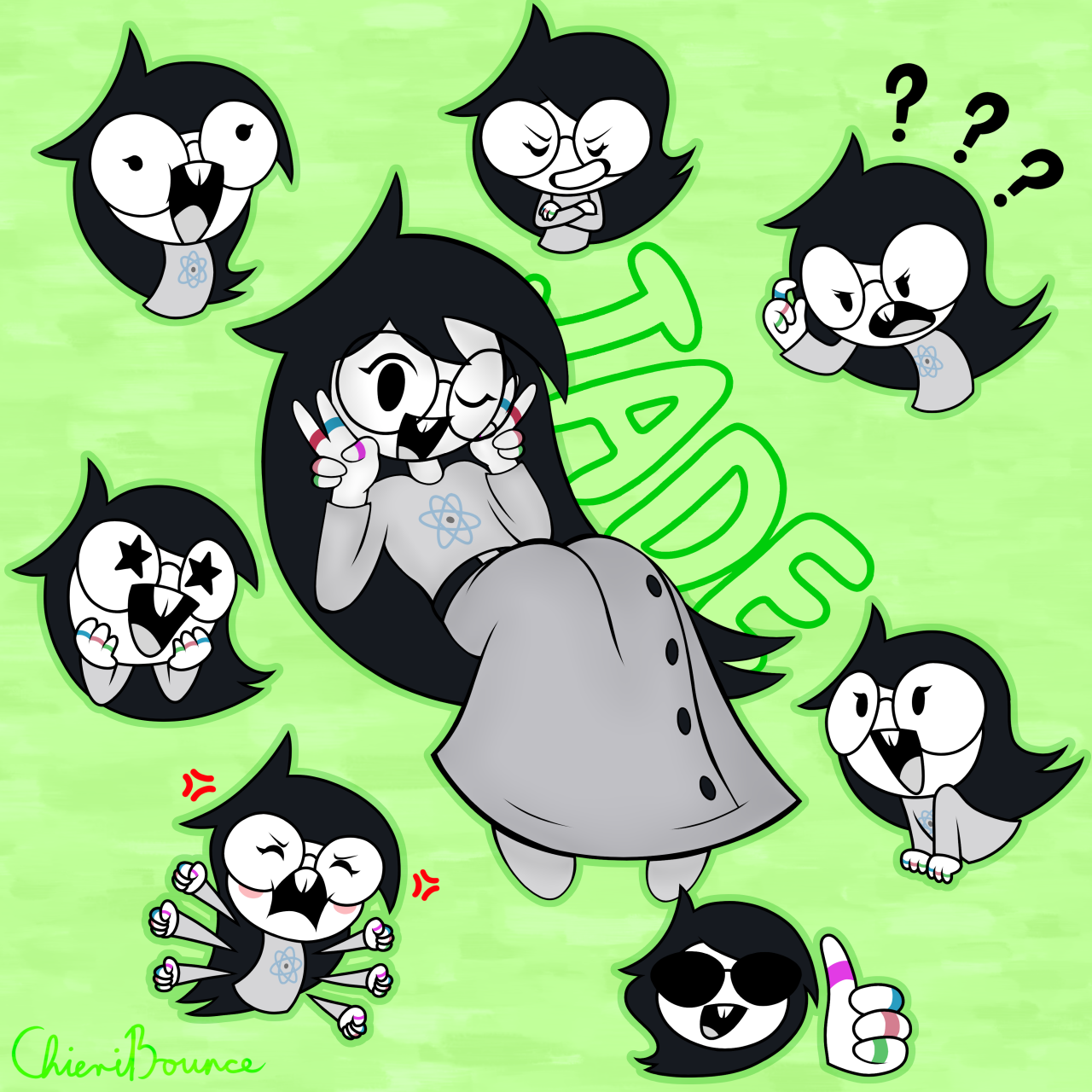 jade harley, homestuck, highres, + +, :d, ;), ?, anger vein, atom, belt, black hair, blush, buck teeth, button up skirt, character name, chieribounce, colored skin, expression chart, glasses, green background, grey shirt, grey skirt, messy hair, one eye closed, open mouth, pale skin, print shirt, round eyewear, shirt, skirt, smile, string, string on pinky, sunglasses, teeth, v, white skin