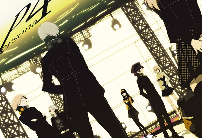 detteyu, amagi yukiko, hanamura yousuke, kujikawa rise, kuma (persona 4), narukami yu, satonaka chie, shirogane naoto, tatsumi kanji, atlus, persona, persona 4, black footwear, light, 3girls, 4boys, arms behind back, back, black hair, black jacket, black pants, black skirt, black socks, brown hair, checkered clothes, checkered skirt, copyright name, dutch angle, glasses, grey hair, hairband, hand on own hip, head out of frame, headphones, headphones around neck, jacket, kneehighs, legs apart, long hair, long sleeves, miniskirt, multiple boys, multiple girls, opaque glasses, pants, pantyhose, pleated skirt, print shirt, railing, school uniform, serafuku, shirt, shoes, skirt, skull and crossbones, smile, socks, stage, stairs, standing, stitches, sunglasses