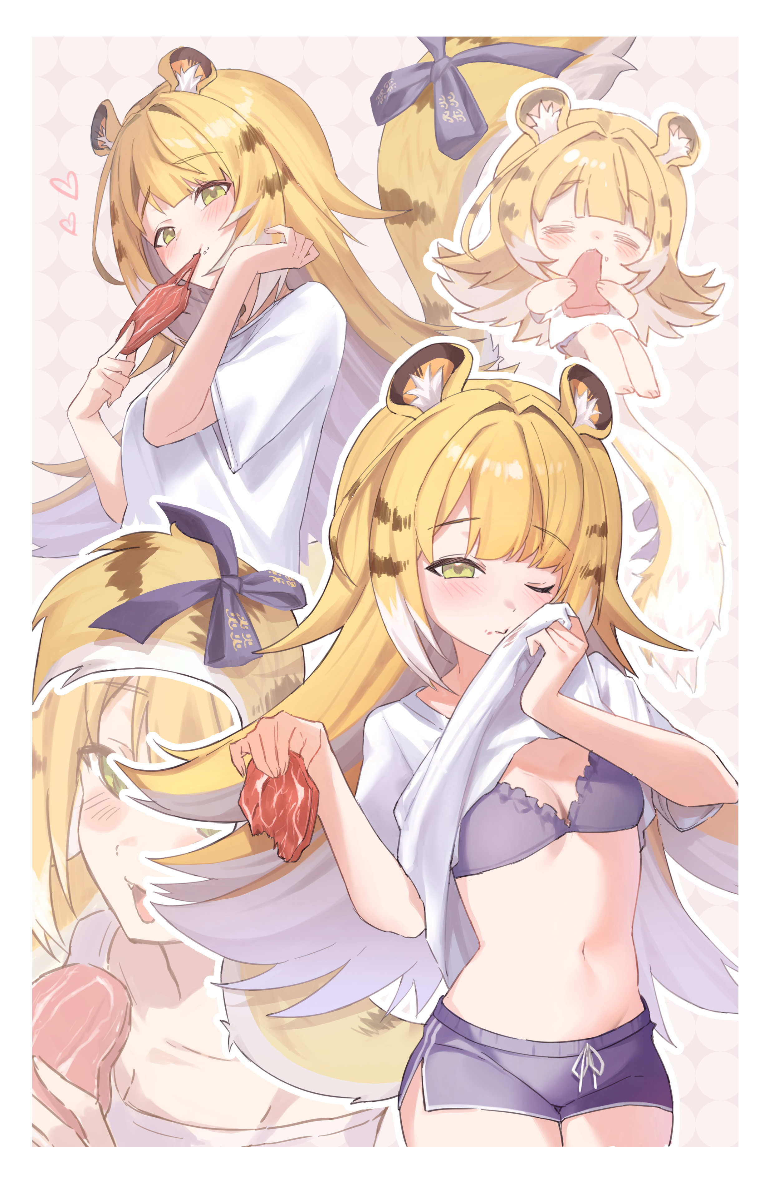 kuro11kii, ju fufu, zenless zone zero, absurdres, highres, animal ear fluff, animal ears, barefoot, blonde hair, bow, bra, closed eyes, closed mouth, colored inner hair, eating, fang, food, from side, green eyes, grey bra, grey shorts, heart, holding, holding food, long hair, looking at viewer, meat, multicolored hair, navel, one eye closed, open mouth, orange fur, shirt, shorts, sitting, stomach, striped fur, striped hair, tail, tail bow, tail ornament, tiger ears, tiger girl, tiger stripes, tiger tail, underwear, white background, white shirt, wiping mouth, wiping with clothes