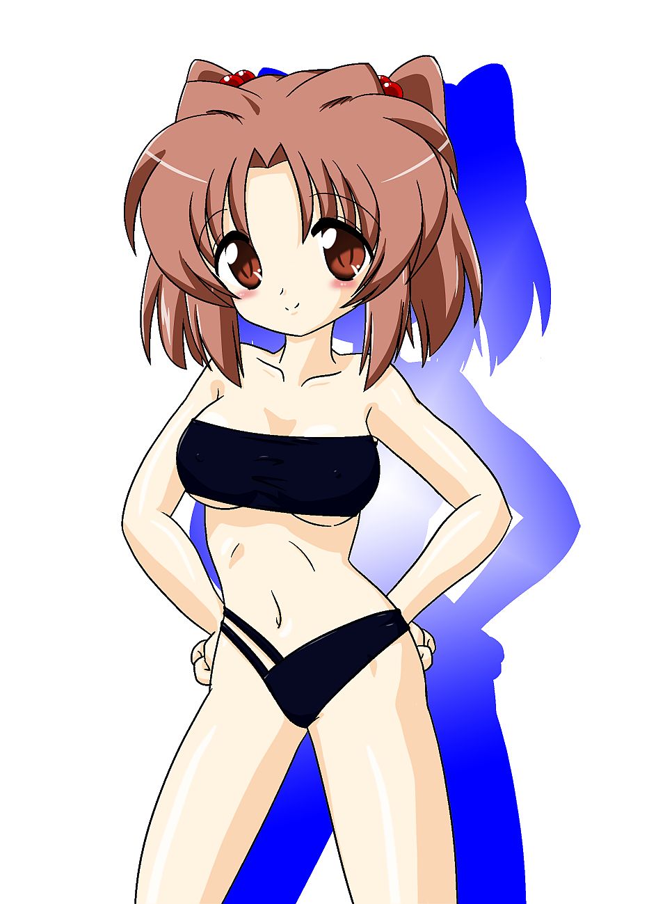 yamino shinden, highres, bikini, black bikini, brown eyes, brown hair, hands on own hips, short hair, solo, swimsuit, twintails