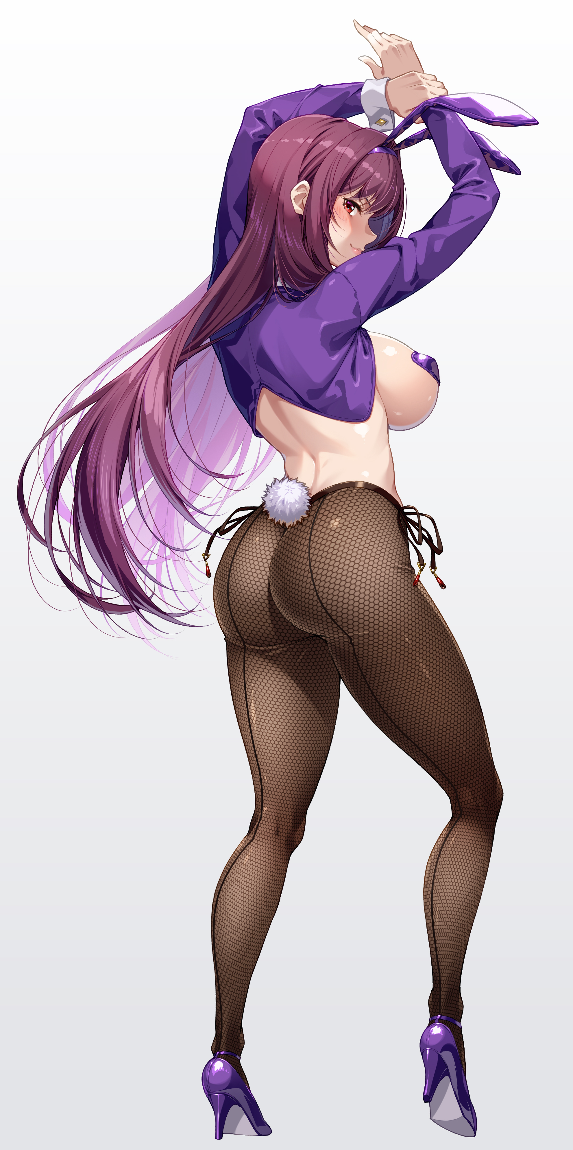 mukunokino isshiki, scathach (fate), fate/grand order, fate (series), absurdres, highres, 1girl, animal ear hairband, animal ears, arms up, ass, back, breasts, brown pantyhose, closed mouth, fake animal ears, fake tail, fishnet pantyhose, fishnets, from behind, from side, full body, hairband, high heels, large breasts, long hair, looking at viewer, looking back, panties, pantyhose, purple hair, purple panties, rabbit ear hairband, rabbit ears, rabbit tail, red eyes, shrug (clothing), sideboob, sideways glance, simple background, smile, solo, standing, tail, underwear, very long hair, white background
