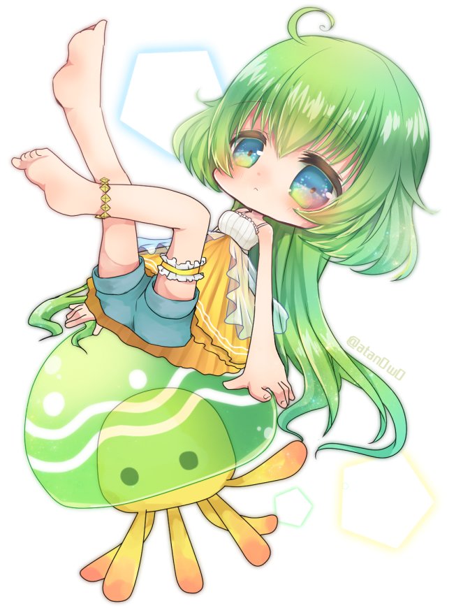 satsuki atan, emil chronicle online, 1girl, ahoge, anklet, camisole, chibi, green eyes, green hair, green pants, jellyfish, jewelry, long hair, on animal, pants, poison gel alma, skirt, twitter username, white background, white camisole, yellow skirt