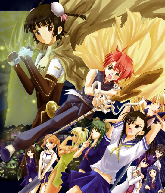 ayase yue, chao lingshen, kagurazaka asuna, konoe konoka, kufei, miyazaki nodoka, nagase kaede, negi springfield, sakurazaki setsuna, saotome haruna, mahou sensei negima!, non-web source, 00s, 1boy, 6+girls, bun cover, cape, double bun, multiple girls, school uniform, staff