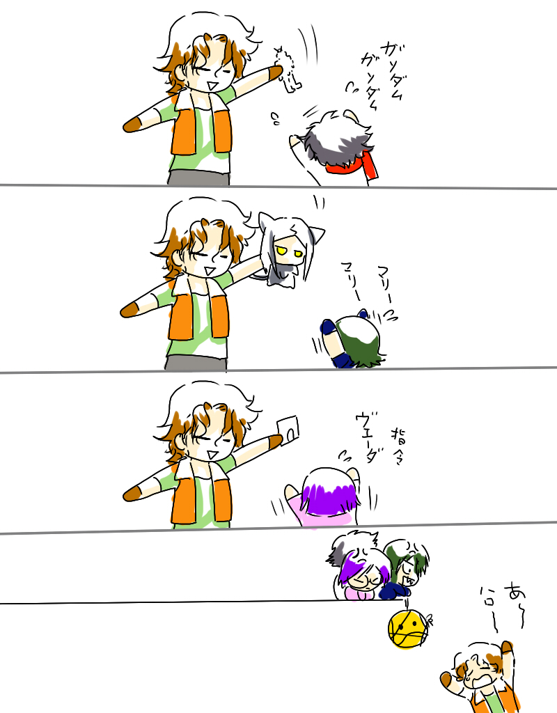 allelujah haptism, hallelujah haptism, haro, lockon stratos, setsuna f. seiei, soma peries, tieria erde, gundam, gundam 00, bad id, bad pixiv id, 00s, 1girl, 4boys, brown hair, chibi, comic, falling, long sleeves, multiple boys, short hair, simple background, text focus, upper body, white background