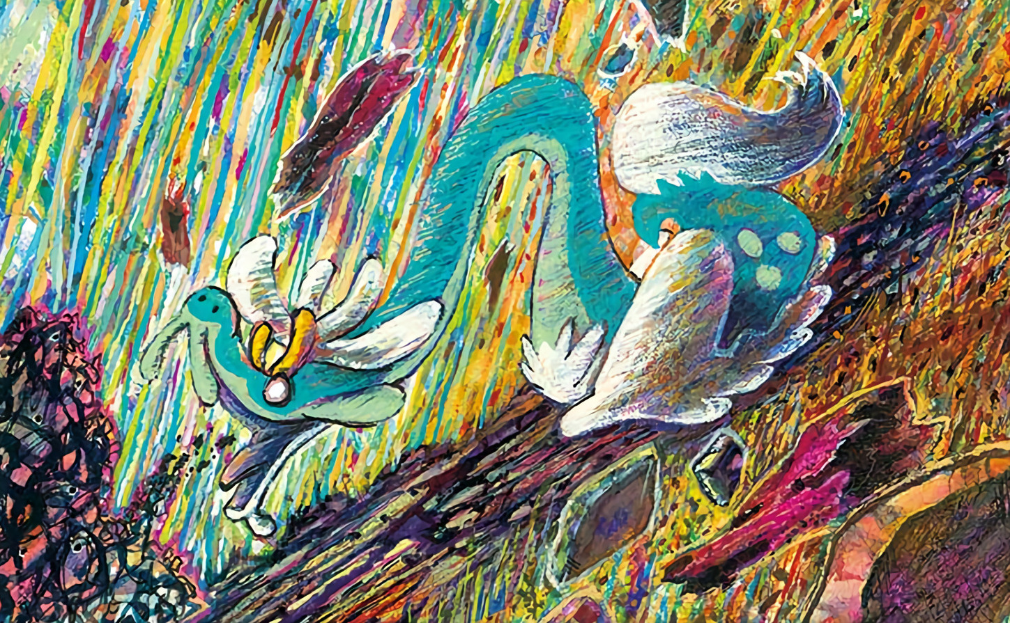 komiya tomokazu, drampa, nintendo, pokemon, pokemon tcg, commentary, official art, third-party source, angry, debris, dragon, from side, full body, gen 7 pokemon, no humans, nostrils, open mouth, pokemon (creature), pokemon focus, solo