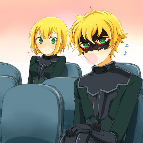louise halevy, mister bushido, gundam, gundam 00, lowres, 00s, 1boy, 1girl, ?, blonde hair, blowing bubble gum, blowing bubbles, chewing gum, green eyes, mask, musical note