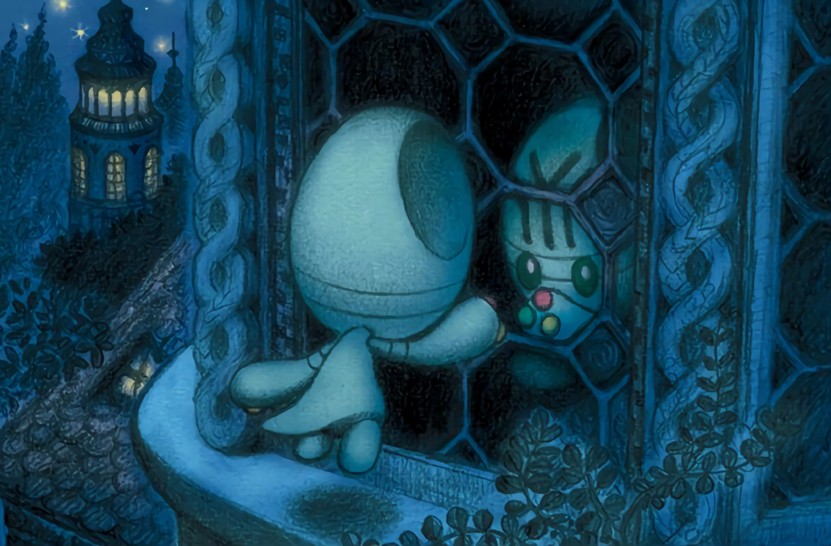kusube aya, elgyem, nintendo, pokemon, pokemon tcg, commentary, official art, third-party source, building, floating, from behind, full body, gen 5 pokemon, looking at reflection, night, pokemon (creature), pokemon focus, solo, star (sky), tree, window
