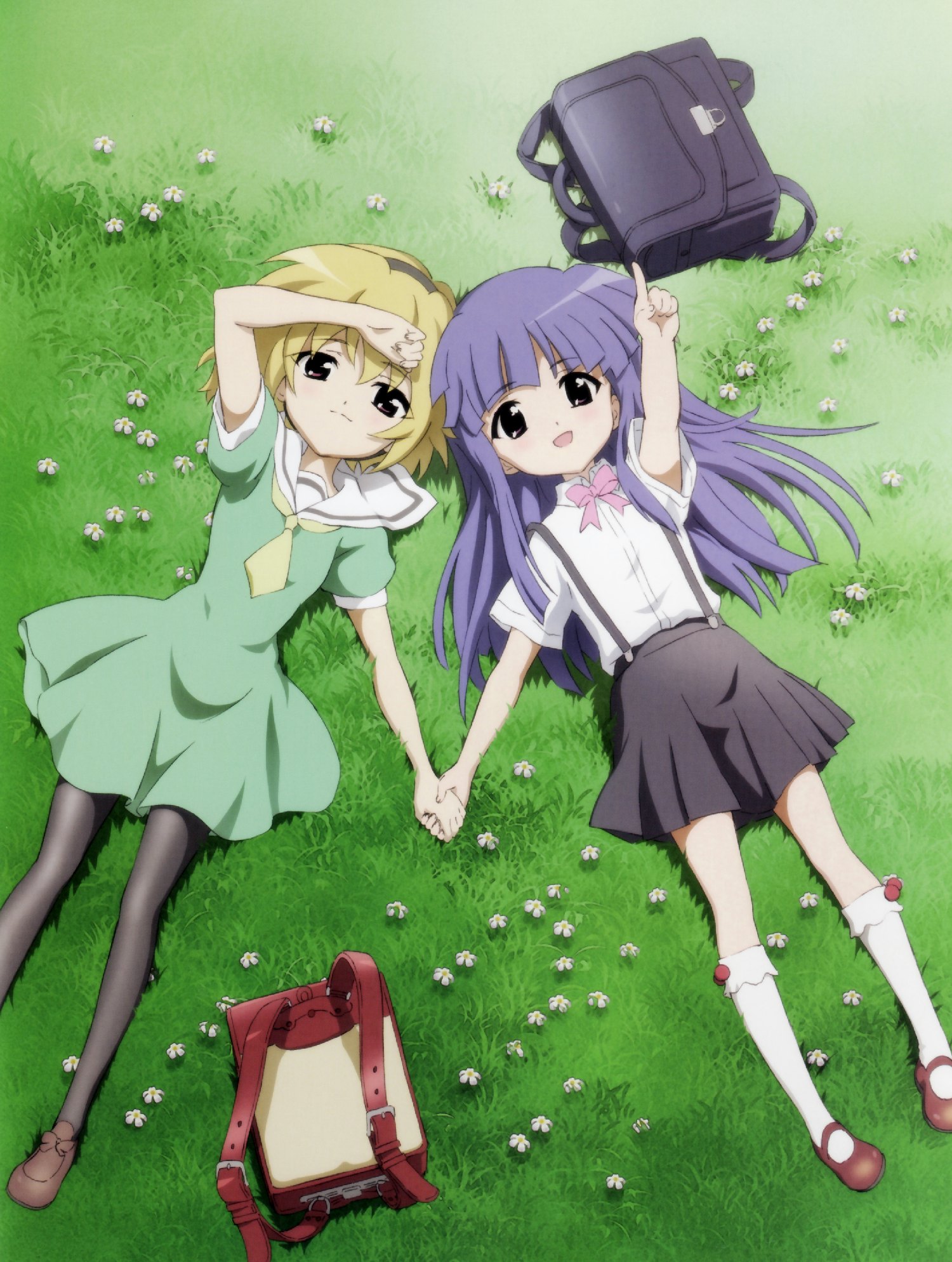 sakai kyuuta, furude rika, houjou satoko, higurashi no naku koro ni, highres, non-web source, 00s, 2girls, bag, blonde hair, blue eyes, blue hair, bow, dress, flower, grass, green skirt, hairband, holding hands, long hair, lying, multiple girls, pantyhose, pink bow, pointing, red eyes, sailor dress, short hair, skirt, socks, suspender skirt, suspenders, white socks