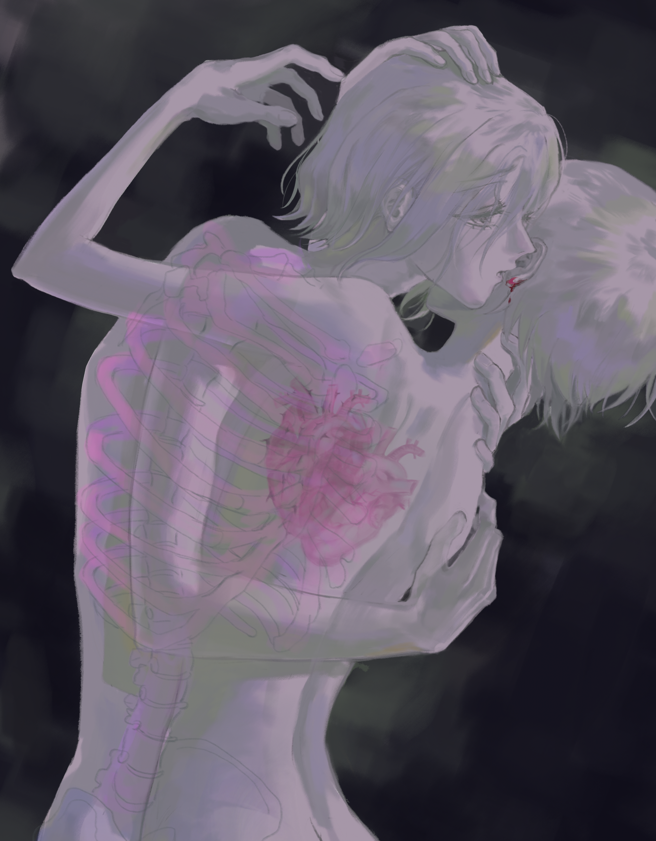 kumo (sharonyann86798), amate yuzuriha, shuji ito, gundam, gundam gquuuuuux, absurdres, highres, 1boy, 1girl, blood, couple, earrings, grey background, heart (organ), hetero, hug, imminent kiss, jewelry, muted color, nude, see-through body, short hair, skeleton, spine, upper body