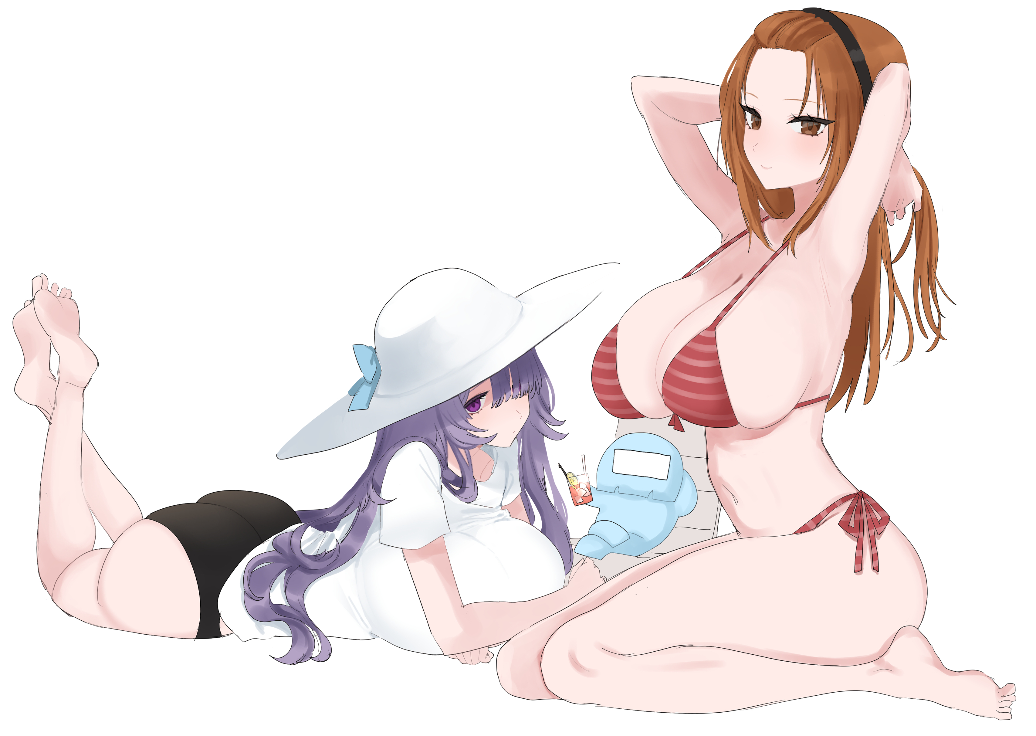 eurasia (wtp09ptw14), francoise (eurasia), original, absurdres, commentary request, highres, unfinished, 2girls, arms behind head, arms up, barefoot, bikini, black hairband, black panties, breasts, brown eyes, brown hair, cleavage, closed mouth, feet up, full body, hair over one eye, hairband, hat, huge breasts, long hair, looking at viewer, lying, multiple girls, on stomach, one eye covered, panties, parted bangs, purple eyes, purple hair, red bikini, sentient stuffed toy, shirt, short sleeves, side-tie bikini bottom, simple background, sitting, sketch, smile, striped bikini, striped clothes, stuffed toy, sun hat, swimsuit, t-shirt, underwear, wariza, white background, white hat, white shirt