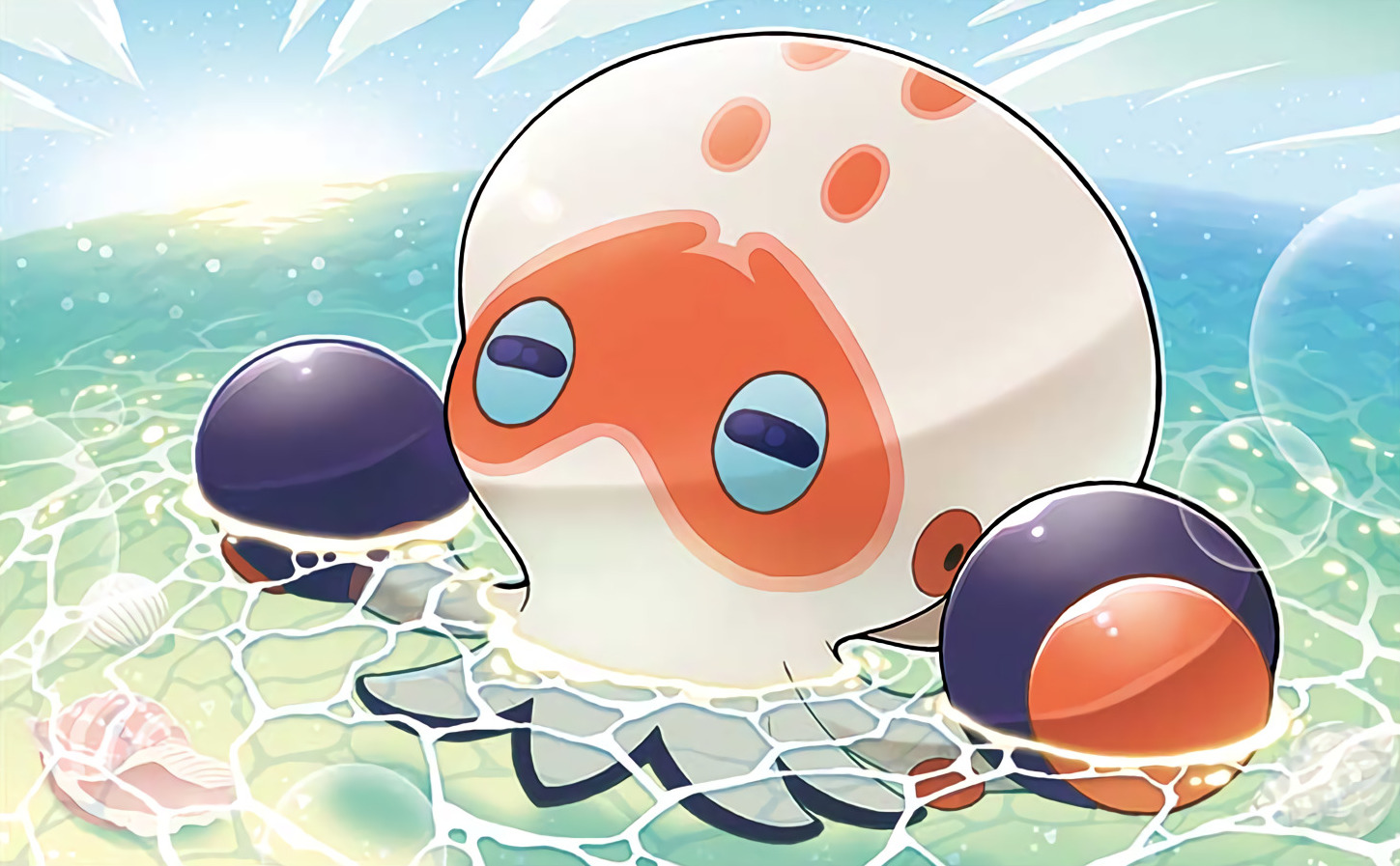 mizue, clobbopus, nintendo, pokemon, pokemon tcg, commentary, official art, third-party source, animal focus, blue eyes, blue sky, cloud, day, full body, gen 8 pokemon, lens flare, no humans, outdoors, pokemon (creature), pokemon focus, sky, solo, sun, tentacles, water