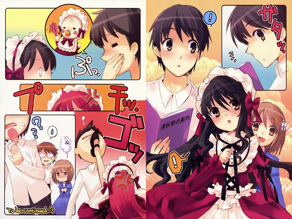 ito noizi, ike hayato, sakai yuuji, shana, yoshida kazumi, shakugan no shana, non-web source, 00s, 2boys, 2girls, dress, goth fashion, kicking, multiple boys, multiple girls