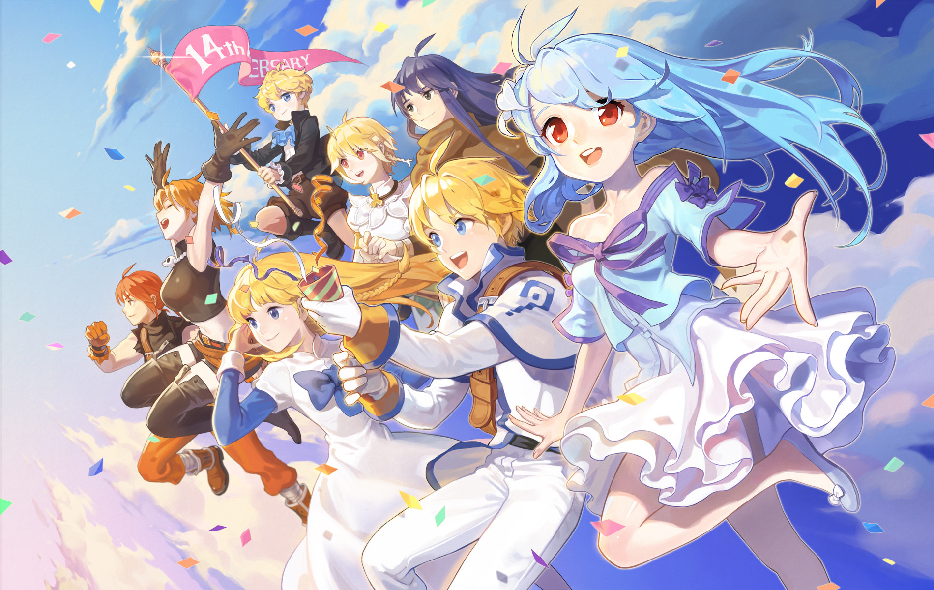 sang ah yoon, benya (tales weaver), boris jinneman, isolestie (children of the rune), lucian kaltz, mila nebraska, sivelin uuo, tichiel juspian, nexon, tales weaver, commentary, english commentary, highres, official art, 4boys, 4girls, ahoge, apron, ascot, belt, bike shorts, black boots, black coat, black gloves, black shirt, blonde hair, blue ascot, blue bow, blue eyes, blue hair, blue jacket, blue shoes, blue sky, blue sleeves, boots, border, bow, braid, breasts, brown belt, brown cloak, brown shorts, capelet, clenched hand, cloak, closed eyes, closed mouth, cloud, coat, confetti, crop top, cropped jacket, cropped shirt, dress, english text, flag, flats, footwear bow, gloves, grey eyes, high collar, holding, holding flag, holding party popper, jacket, jewelry, layered dress, long hair, long sidelocks, medium breasts, medium hair, multiple boys, multiple girls, necklace, nocturne de vien, off-shoulder jacket, off shoulder, open hands, open mouth, orange boots, orange hair, orange pants, outstretched arm, outstretched hand, pants, party popper, profile, puffy shorts, purple bow, purple ribbon, red eyes, red pupils, ribbon, shirt, shoes, short dress, short hair, shorts, shoulder belt, sidelocks, skull necklace, sky, sleeve cuffs, sleeveless, sleeveless shirt, smile, straight hair, teeth, thigh boots, tongue, torn clothes, torn shirt, turtleneck, upper teeth only, white apron, white border, white capelet, white coat, white dress, white pants, white shirt, white sleeves, wide sleeves