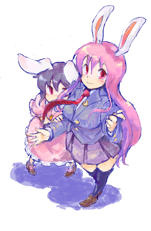 rotan, inaba tewi, reisen udongein inaba, touhou, 2girls, animal ears, black hair, blush, carrot necklace, female focus, hiding, long hair, long sleeves, looking at viewer, multiple girls, necklace, pink hair, pleated skirt, puffy short sleeves, puffy sleeves, purple skirt, rabbit ears, red eyes, short sleeves, skirt, standing, thighhighs, very long hair, zettai ryouiki