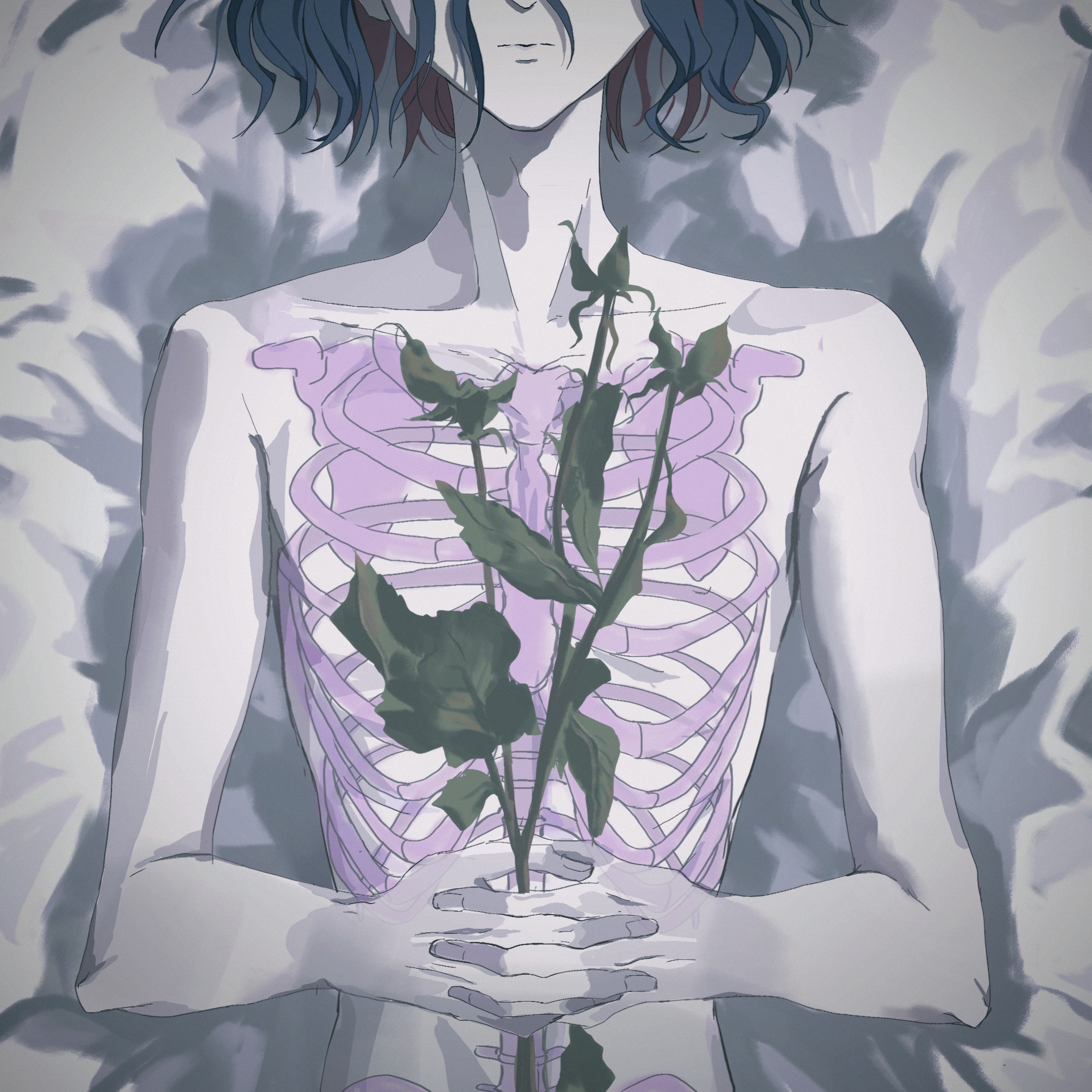 kumo (sharonyann86798), shuji ito, gundam, gundam gquuuuuux, highres, 1boy, blue hair, colored inner hair, flower, holding, holding flower, interlocked fingers, lying, male focus, multicolored hair, on back, own hands clasped, own hands together, purple hair, see-through body, short hair, skeleton, solo, topless male, two-tone hair
