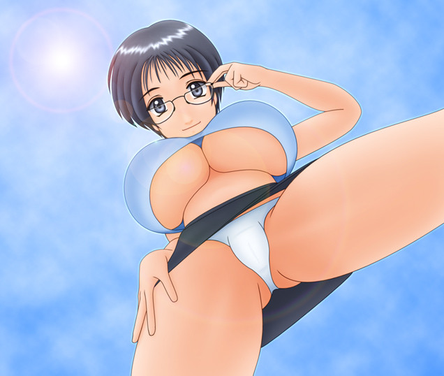 makoto (mk10), original, 1girl, blue panties, breasts, female focus, glasses, grey eyes, grey hair, huge breasts, panties, short hair, solo, underboob, underwear