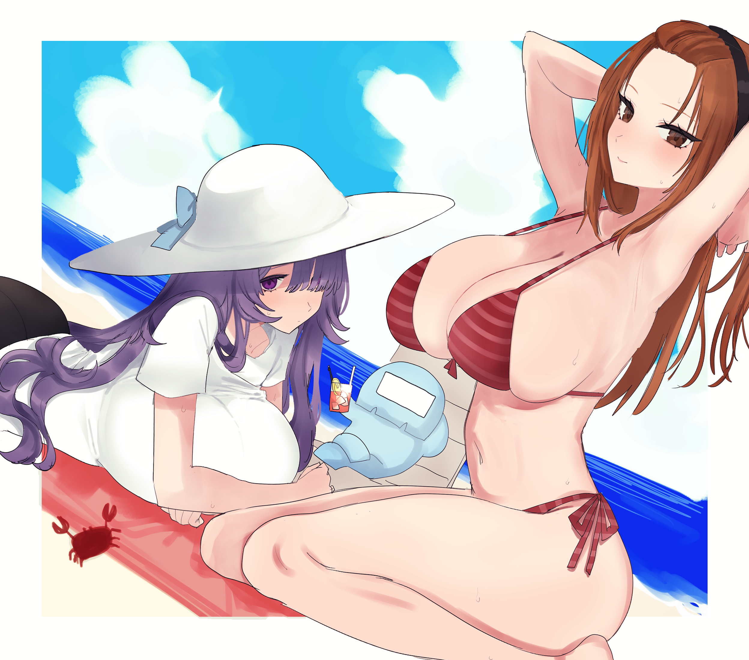 eurasia (wtp09ptw14), francoise (eurasia), original, commentary request, highres, 2girls, arms behind head, arms up, beach, beach towel, bikini, black hairband, black panties, blue bow, blue sky, border, bow, breasts, brown eyes, brown hair, cleavage, closed mouth, cloud, crab, day, hair over one eye, hairband, hat, hat bow, huge breasts, long hair, looking at viewer, lying, multiple girls, ocean, on stomach, one eye covered, outdoors, outside border, panties, parted bangs, purple eyes, purple hair, red bikini, sentient stuffed toy, shirt, short sleeves, side-tie bikini bottom, sitting, sky, smile, striped bikini, striped clothes, stuffed toy, sun hat, swimsuit, t-shirt, towel, underwear, wariza, white border, white hat, white shirt