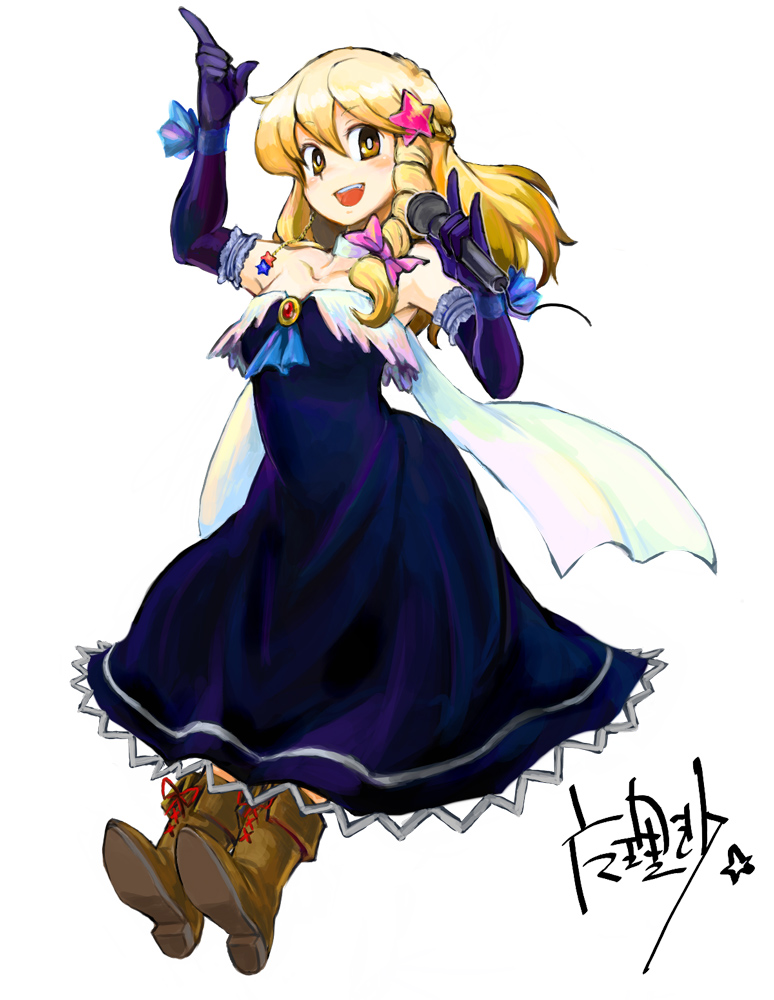 rotan, kirisame marisa, touhou, 1girl, alternate costume, bare shoulders, blonde hair, boots, dress, elbow gloves, female focus, gloves, idol, microphone, solo, yellow eyes