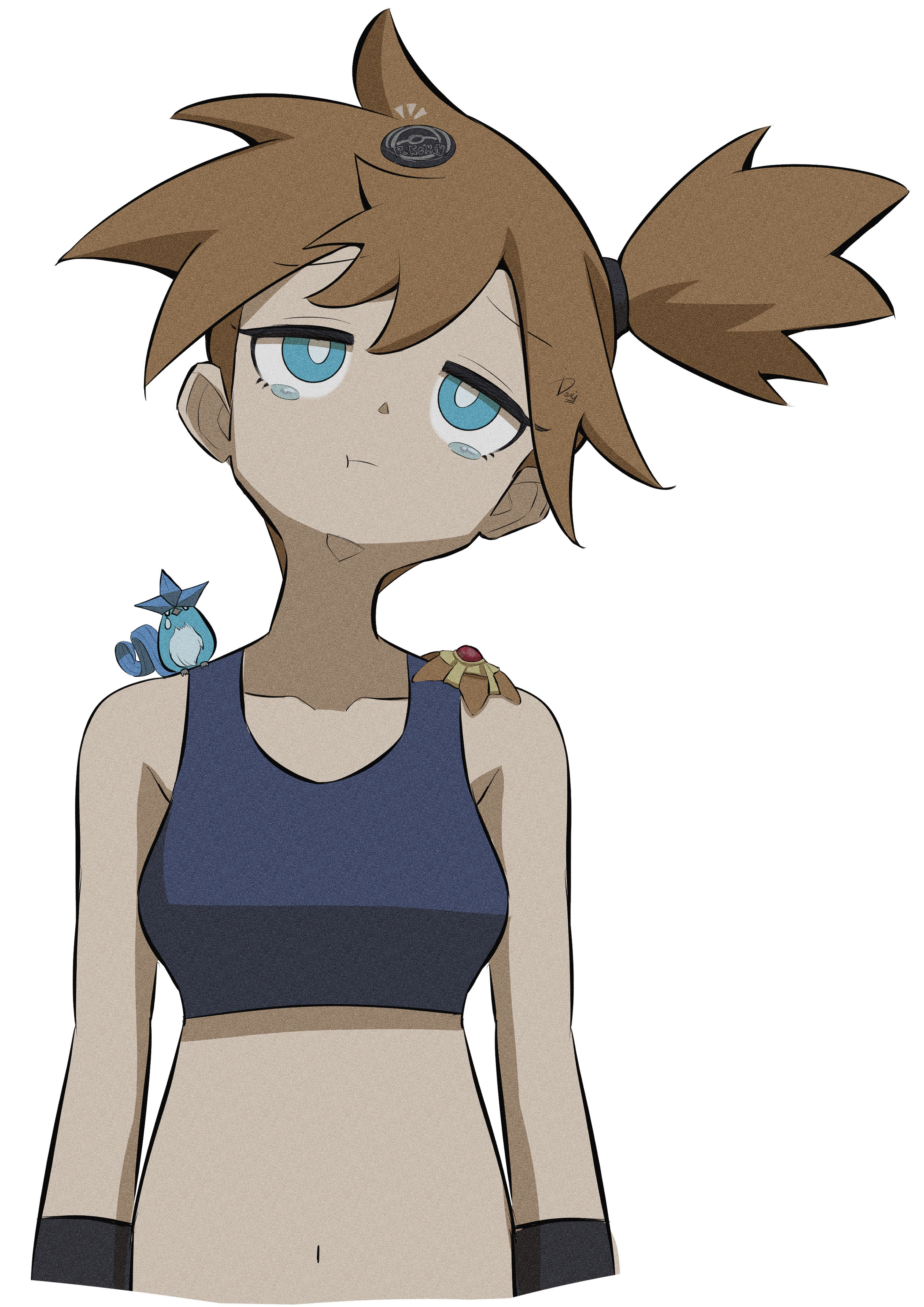 ida (idalol490), articuno, misty (pokemon), staryu, nintendo, pokemon, pokemon frlg, pokemon tcg, pokemon tcg pocket, absurdres, commentary request, highres, 1girl, :t, arms at sides, belly, blue eyes, breasts, bright pupils, coin, coin flip, collarbone, failure, gen 1 pokemon, legendary pokemon, medium breasts, navel, orange hair, side ponytail, simple background, solo, standing, tearing up, upper body, white background, white pupils